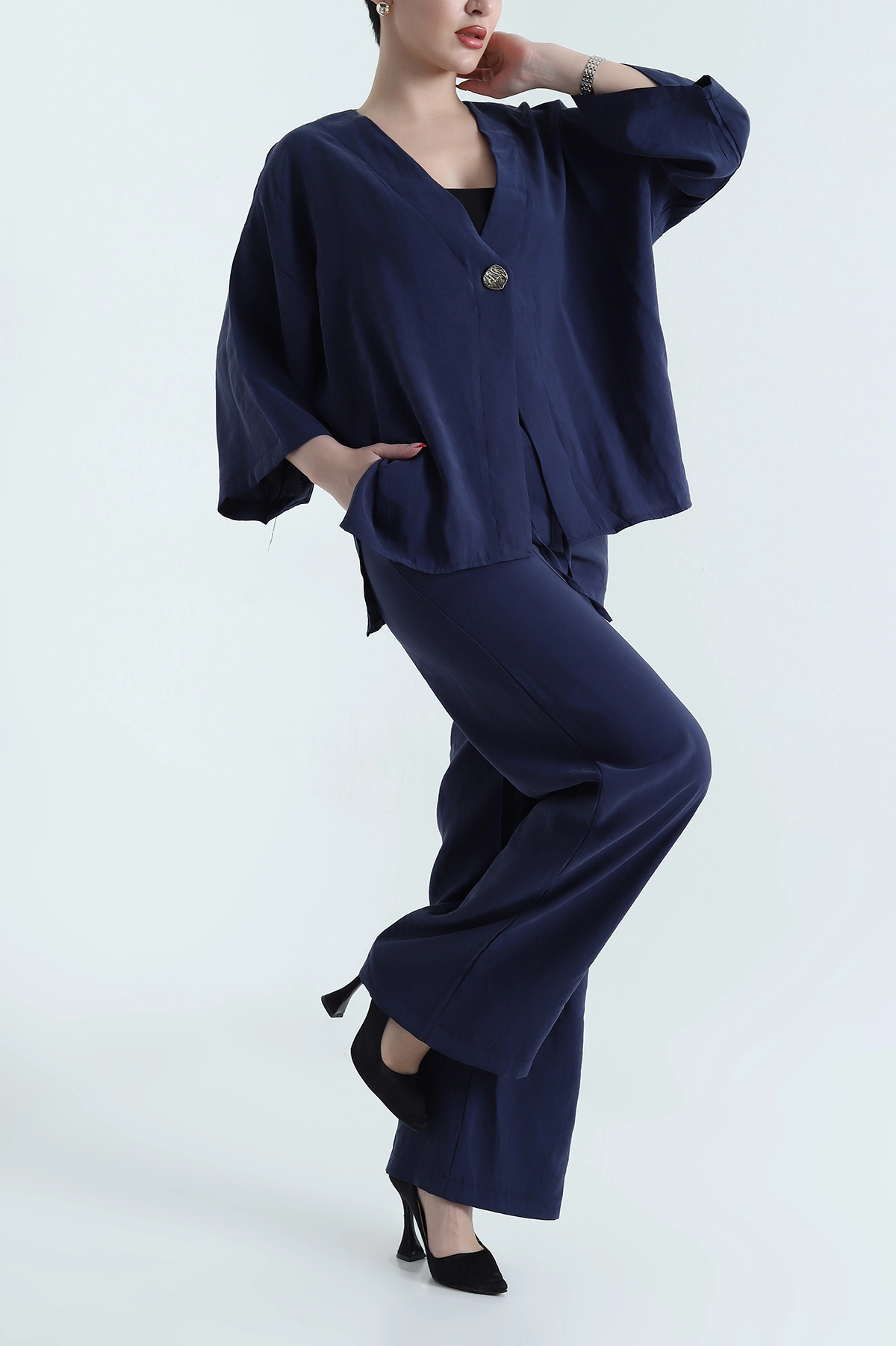 Lacivert Tencel Pantolon Bluz Kadın İkili Takım 440600