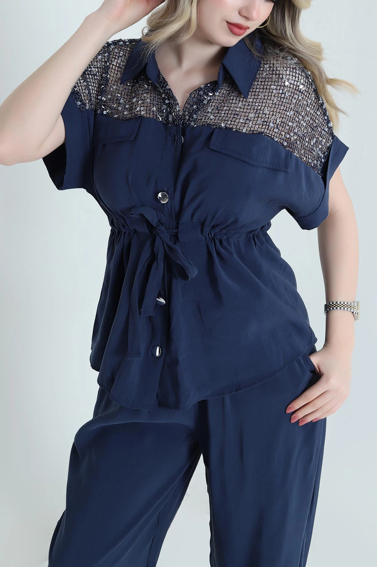 Lacivert Tencel Pul Detay Kadın İkili Takım 456224