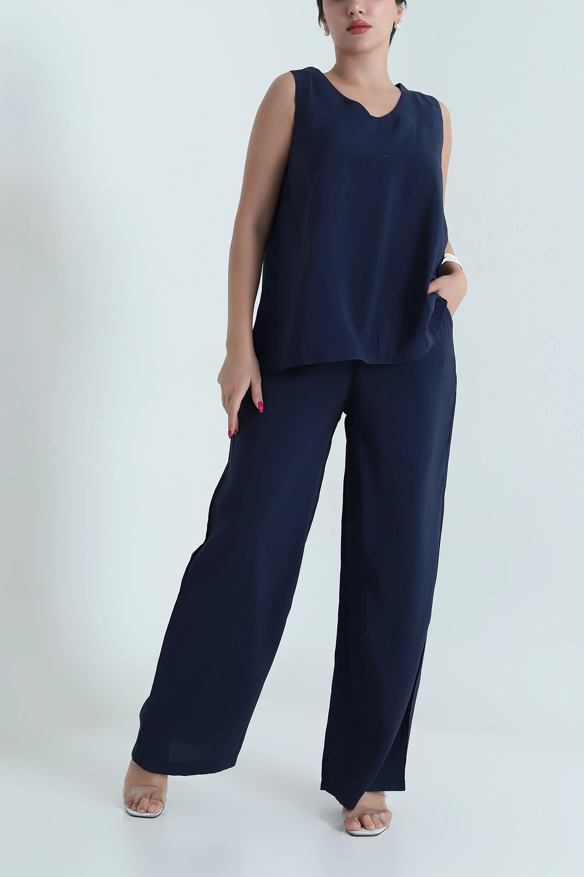 Lacivert Tencel V Yaka Kadın İkili Takım 475190