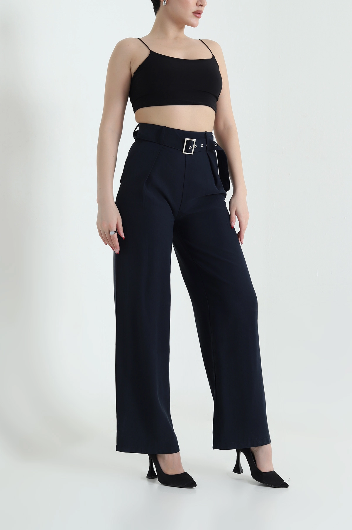 Lacivert Tencel Viskon Kemerli Bol Paça Kadın Pantolon 434289