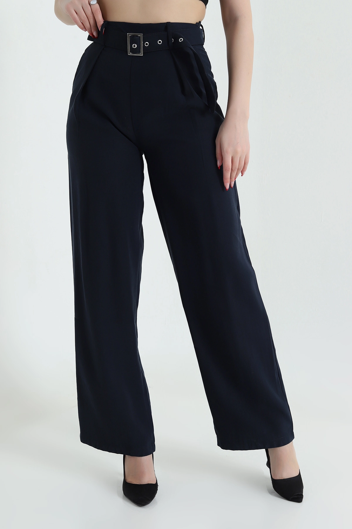 Lacivert Tencel Viskon Kemerli Bol Paça Kadın Pantolon 434289