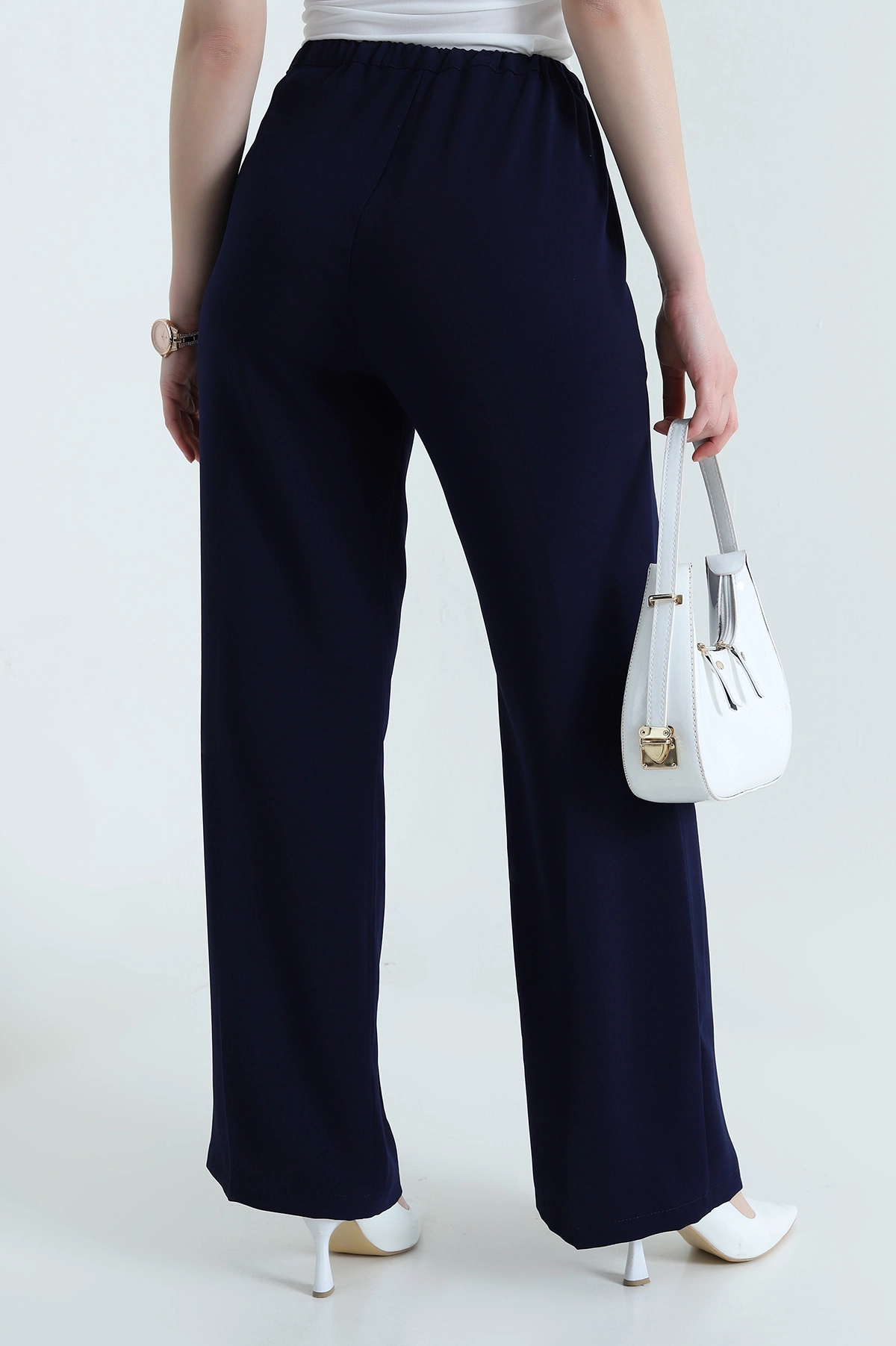 Lacivert Tensel Crep Beli Lastikli Kadın Pantolon 440773