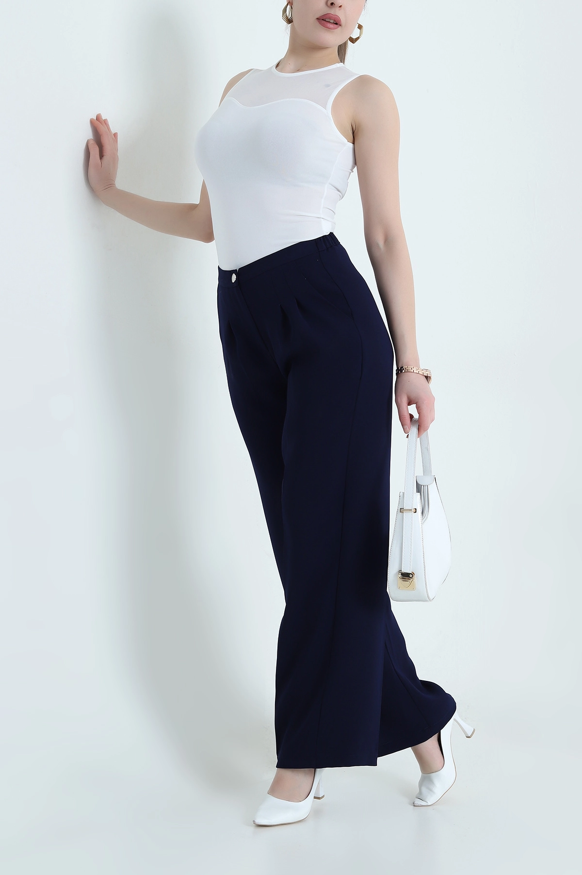 Lacivert Tensel Crep Beli Lastikli Kadın Pantolon 440773