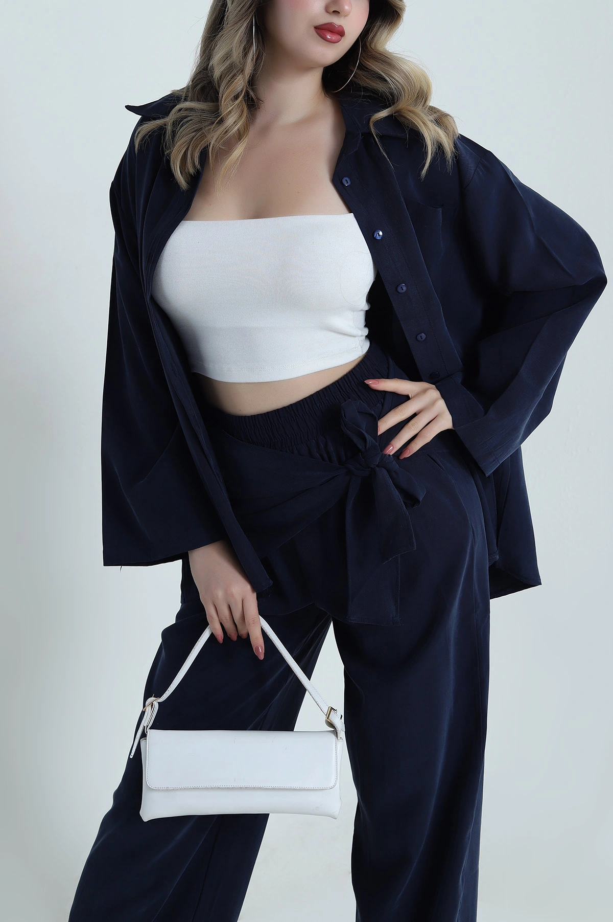 Lacivert Tensel Gabardin Fularlı Kadın İkili Takım 485643