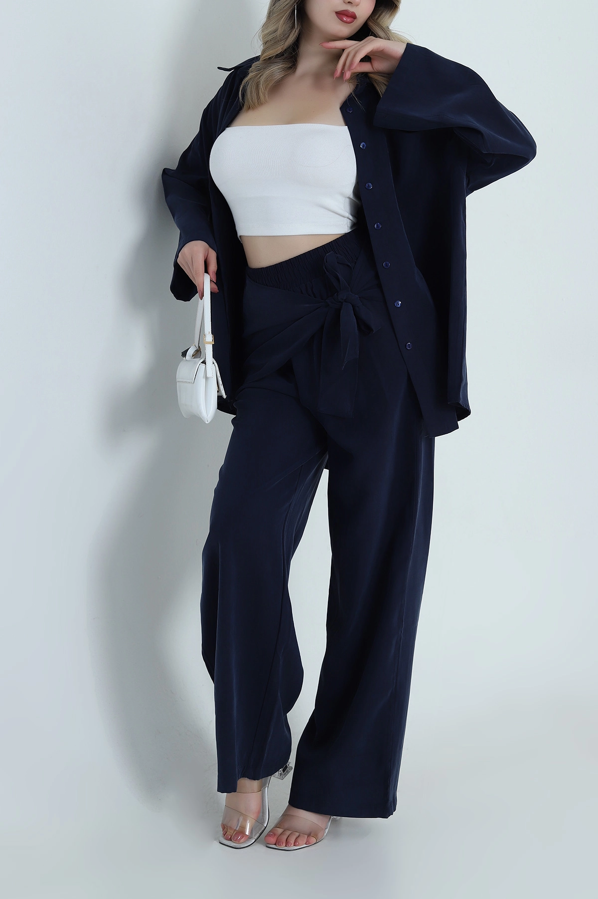 Lacivert Tensel Gabardin Fularlı Kadın İkili Takım 485643