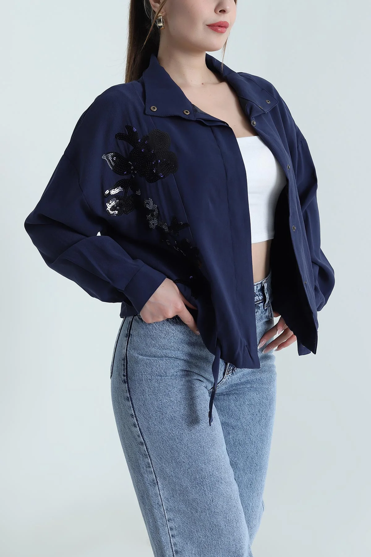 Lacivert Tensel Gabardin Kadın Mevsimlik Mont 488034