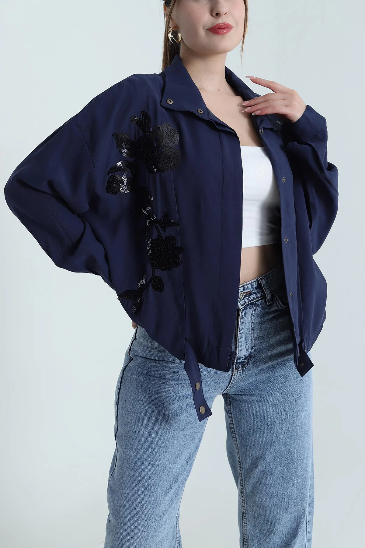 Lacivert Tensel Gabardin Kadın Mevsimlik Mont 488034