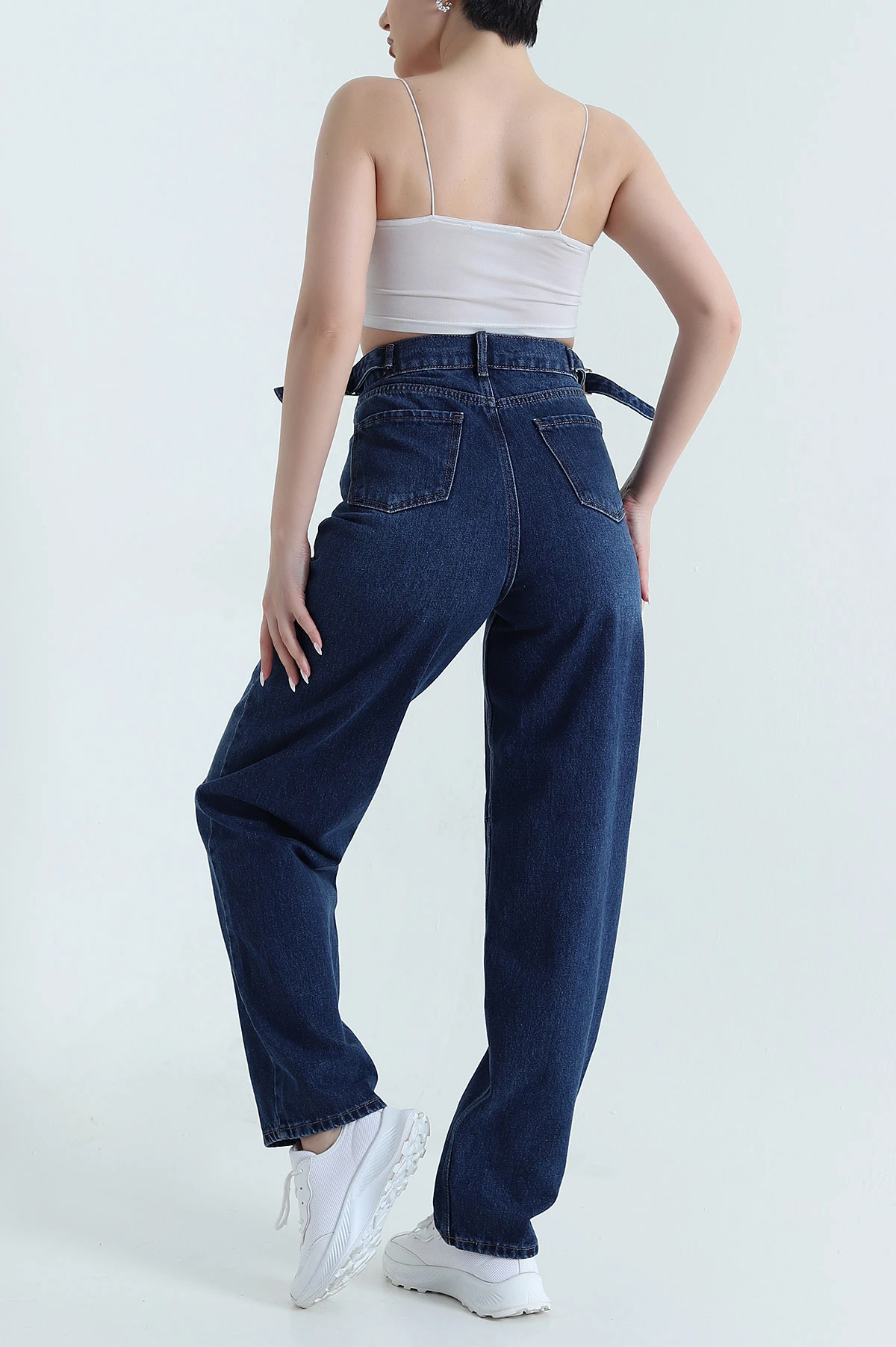 Lacivert Tokalı Baggy Kadın Kot Pantolon 446071