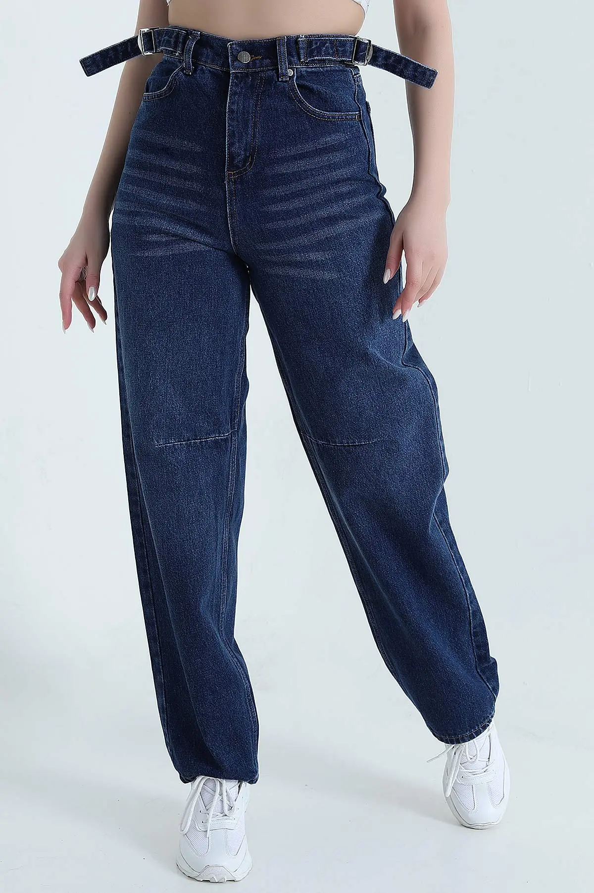 Lacivert Tokalı Baggy Kadın Kot Pantolon 446071