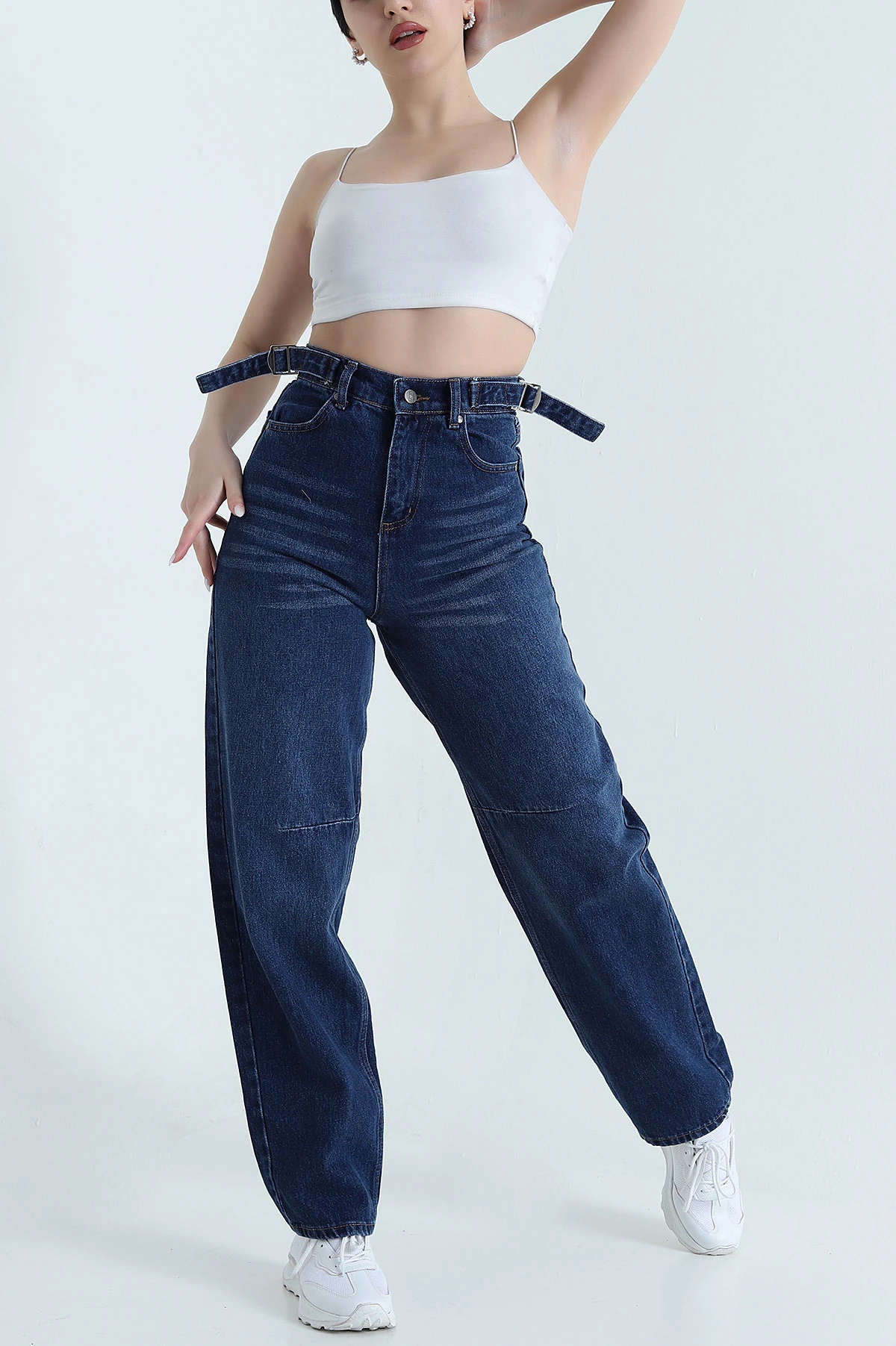 Lacivert Tokalı Baggy Kadın Kot Pantolon 446071