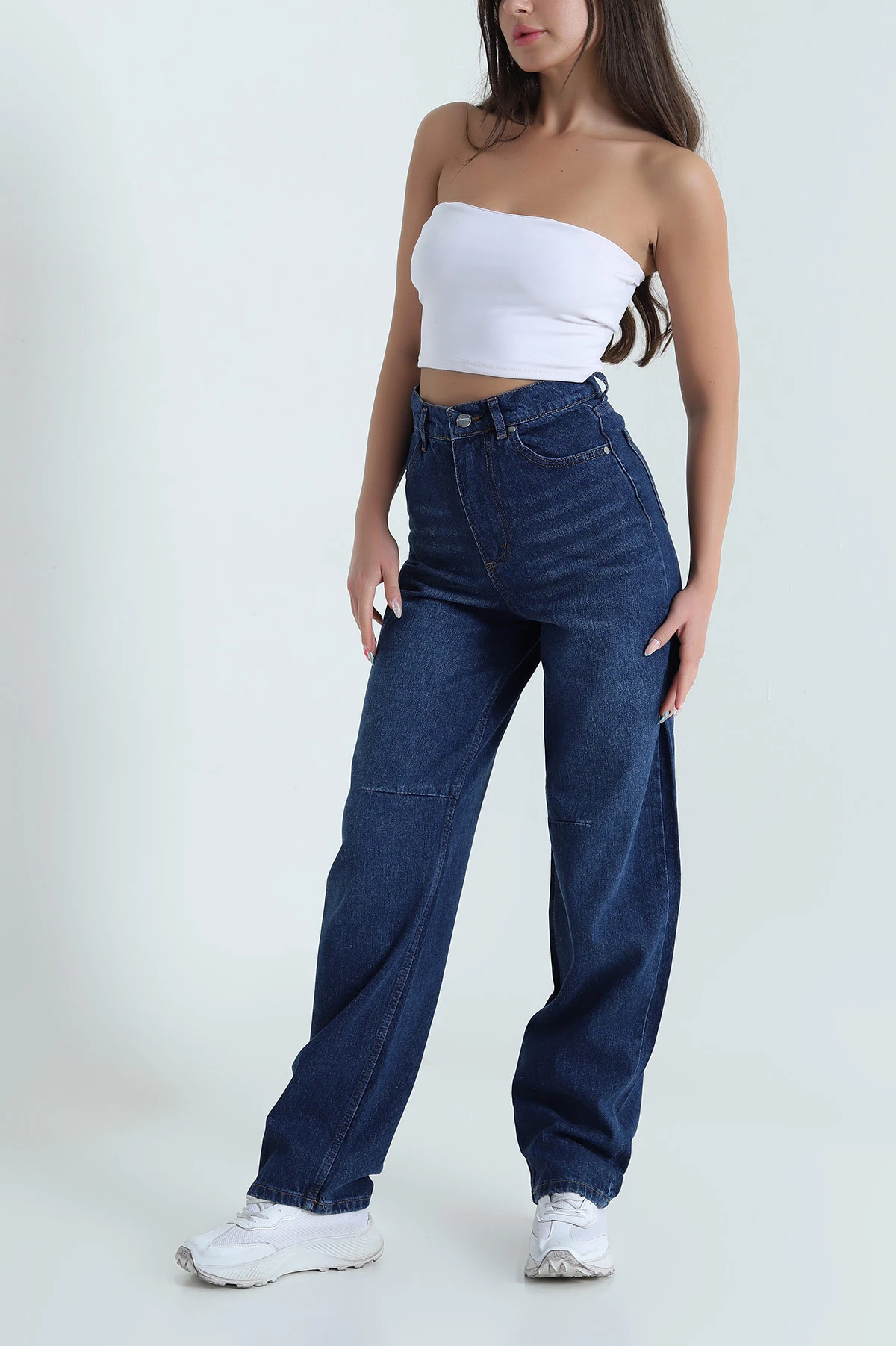 Lacivert Tokalı Baggy Kadın Kot Pantolon 469586