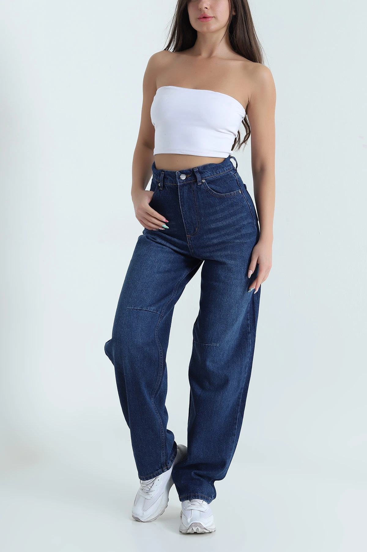 Lacivert Tokalı Baggy Kadın Kot Pantolon 469586