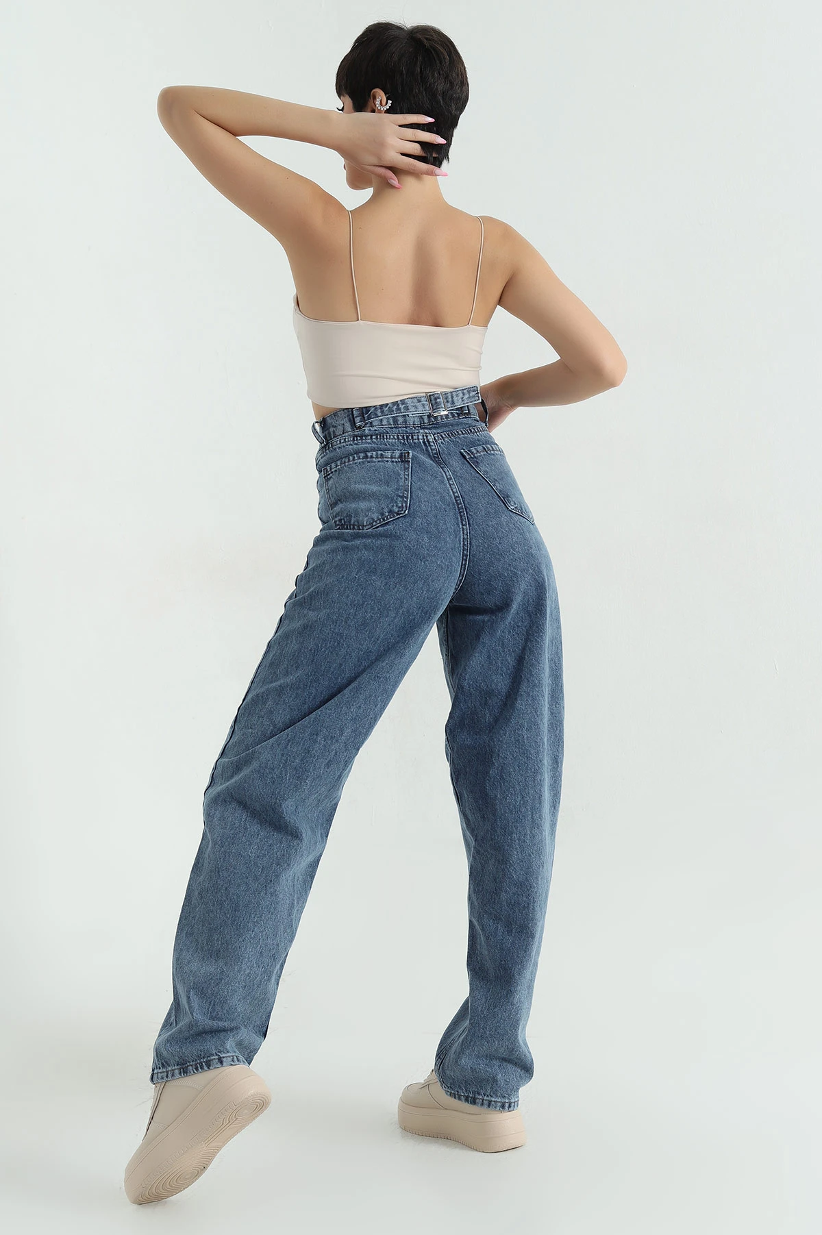 Lacivert Tokalı Cepli Baggy Kadın Kot Pantolon 375577