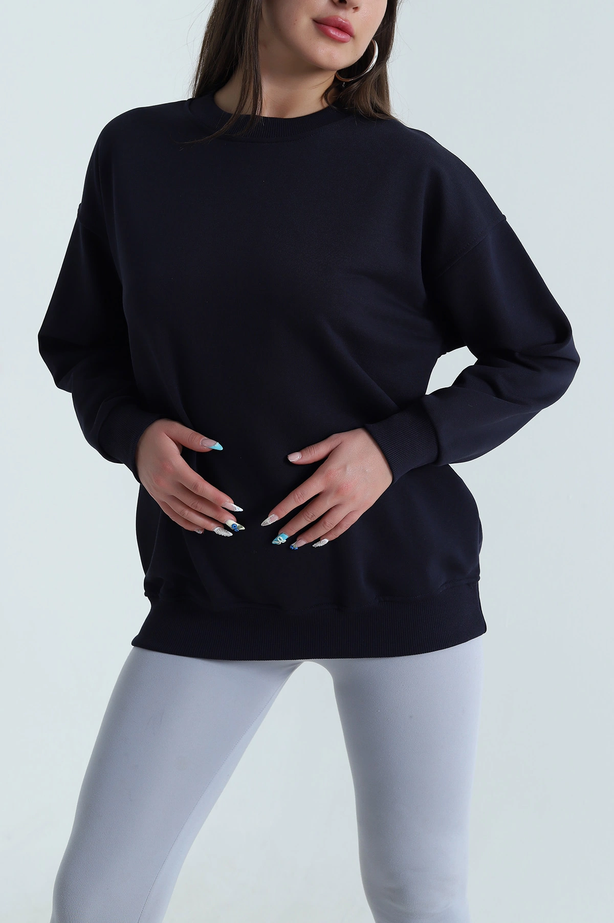 Lacivert Üç İp Bisiklet Yaka Kadın Sweat 483662