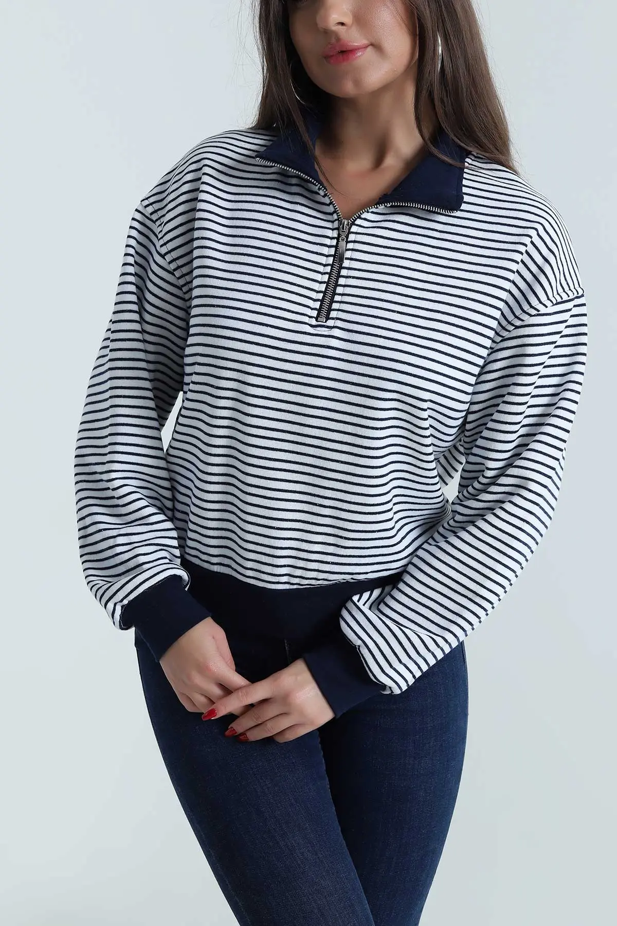 Lacivert Üç İp Çizgili Kadın Sweat 492437