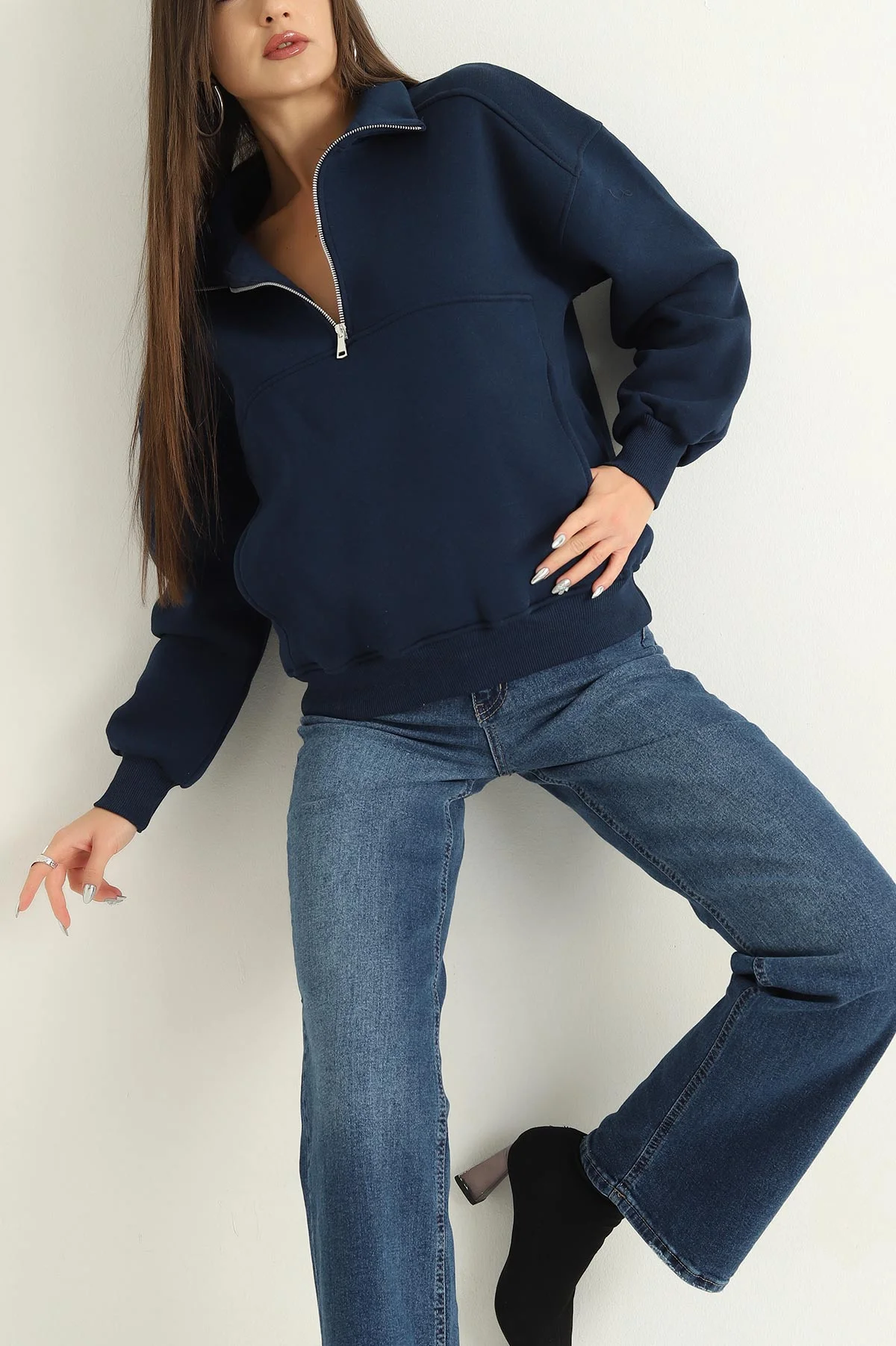 Lacivert Üç İp İçi Şardonlu Bayan Sweat 318415