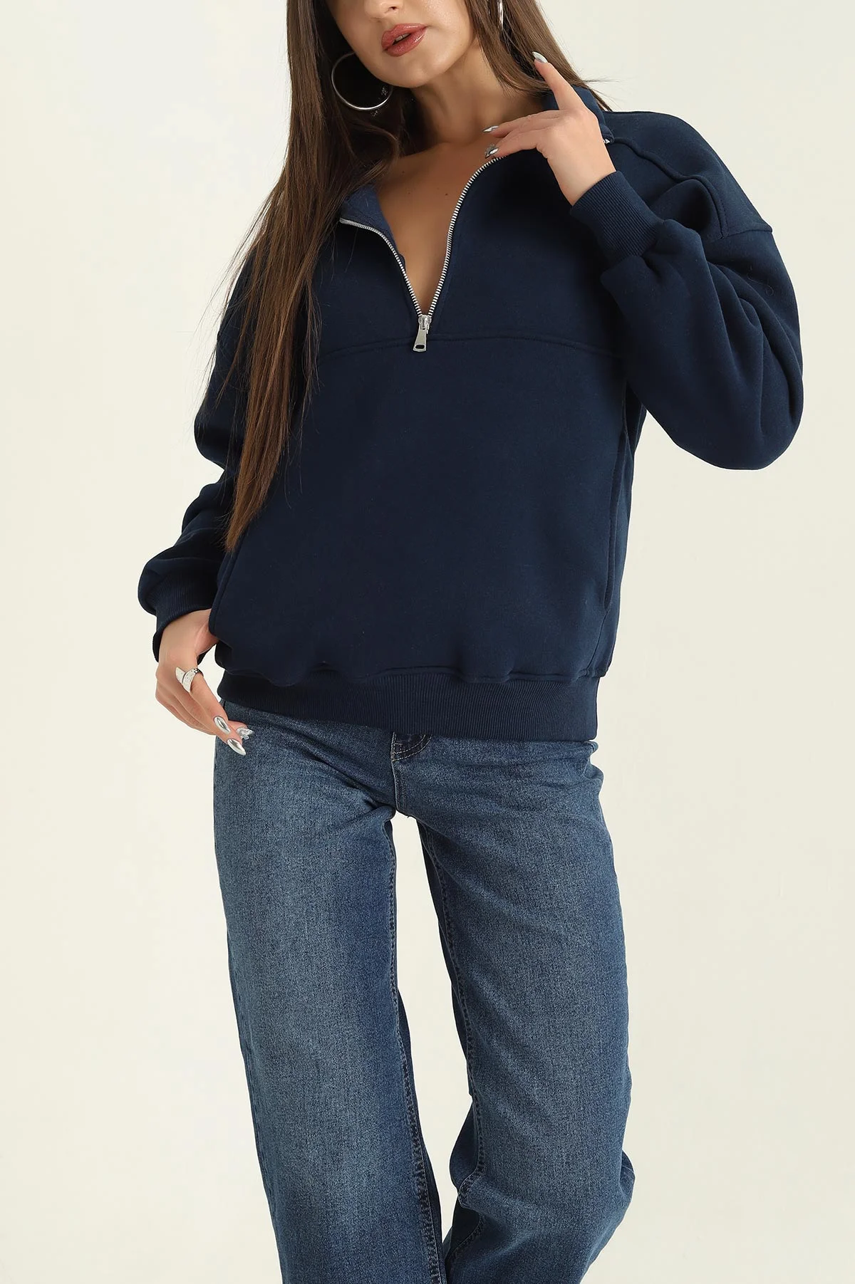 Lacivert Üç İp İçi Şardonlu Bayan Sweat 318415