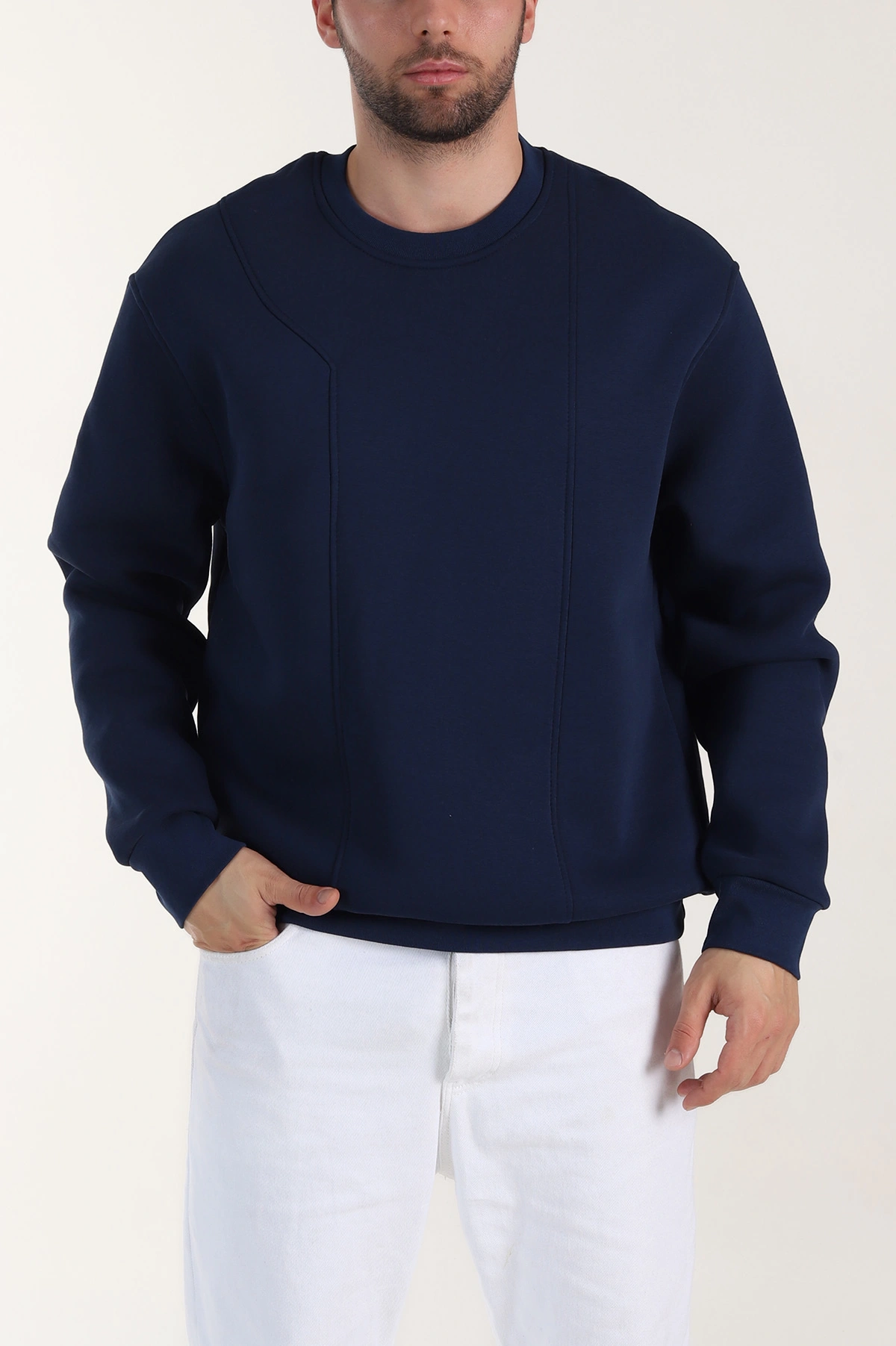 Lacivert Üç İp Şardonlu Bisiklet Yaka Erkek Sweatshirt 410906