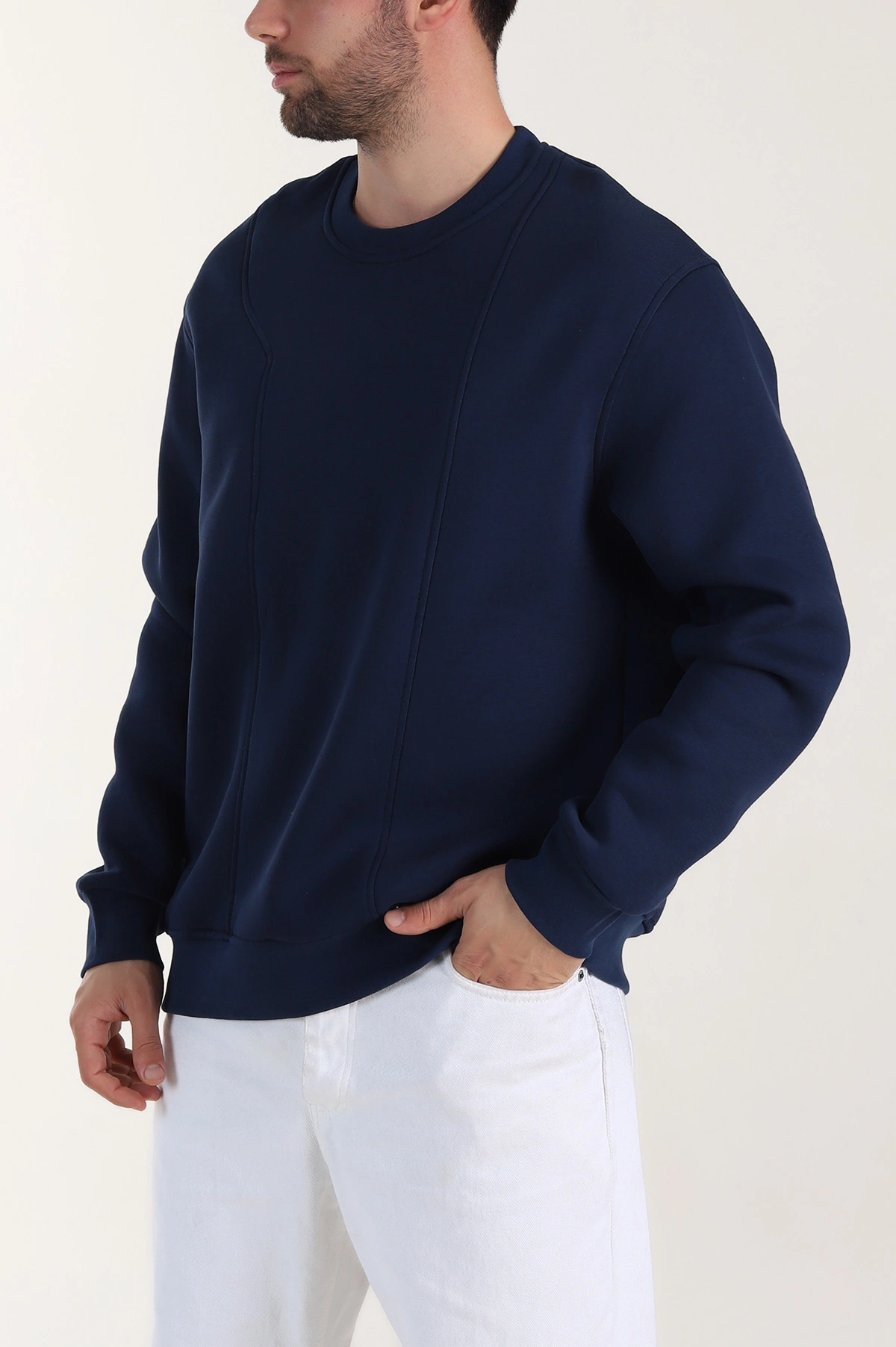 Lacivert Üç İp Şardonlu Bisiklet Yaka Erkek Sweatshirt 410906