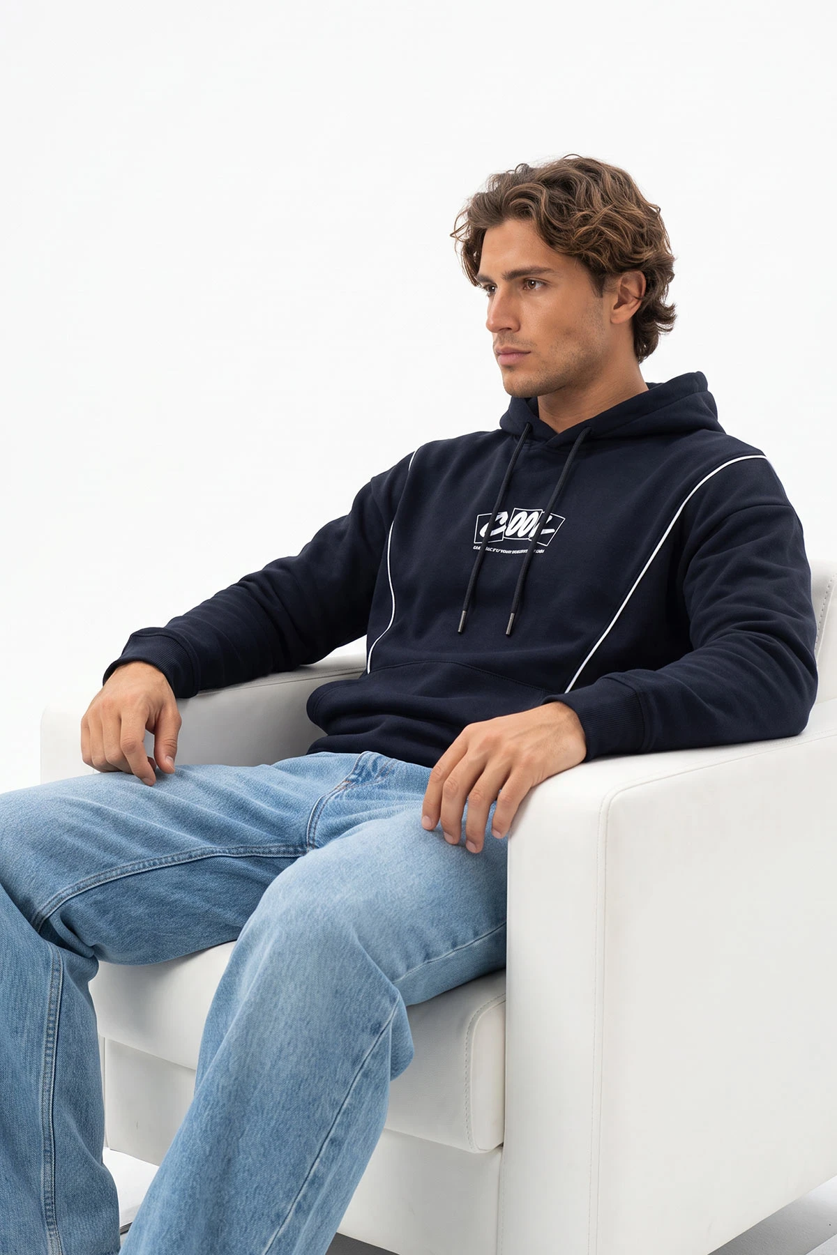 Lacivert Üç İp Şardonlu Kapüşonlu Erkek Sweatshirt 500074