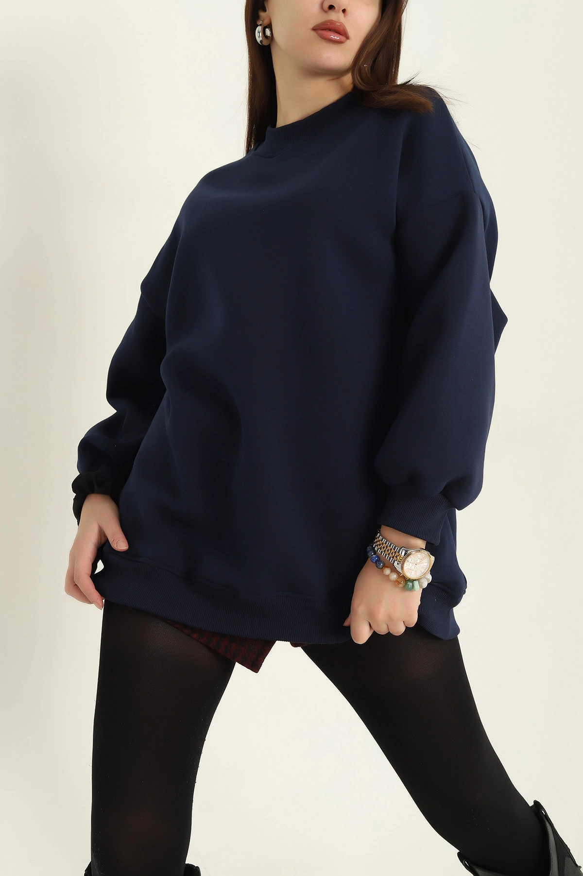 Lacivert Üç İplik Şardonlu Sweat Tunik 321590