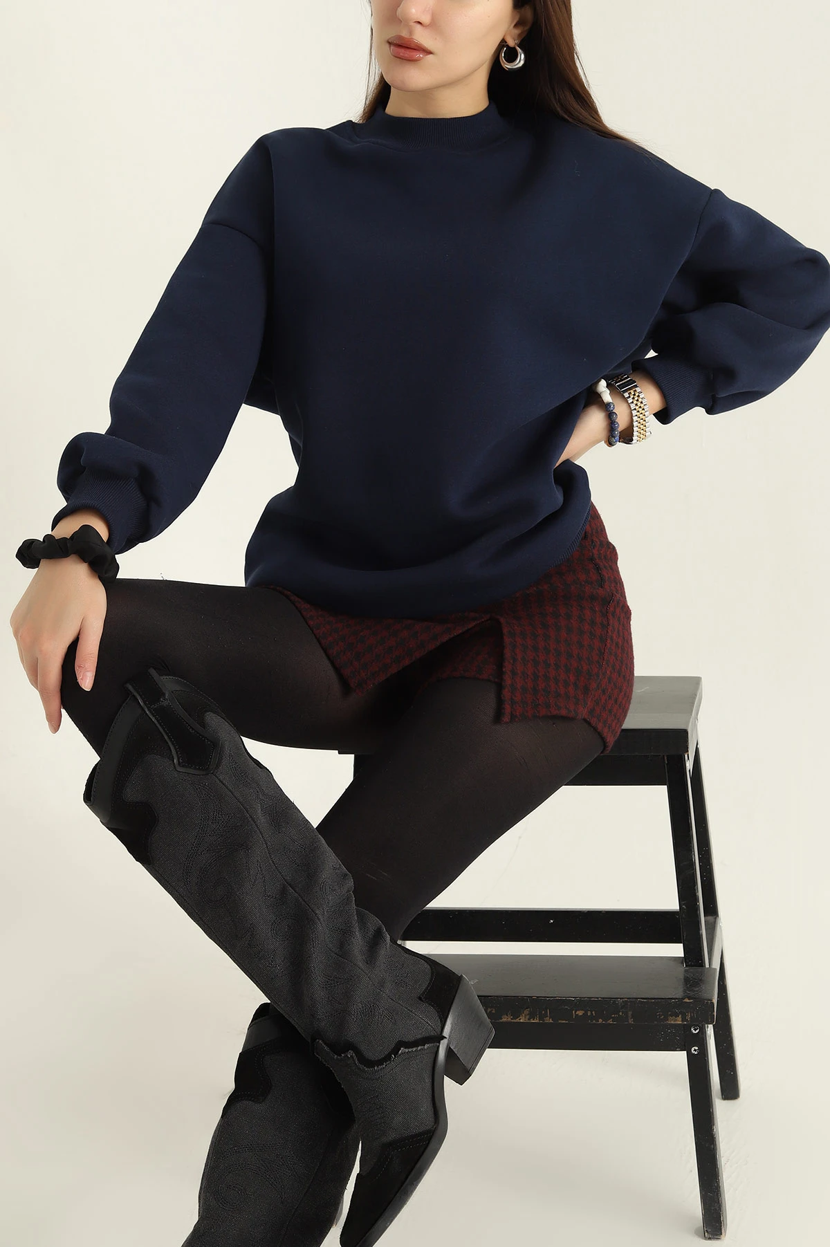 Lacivert Üç İplik Şardonlu Sweat Tunik 321590