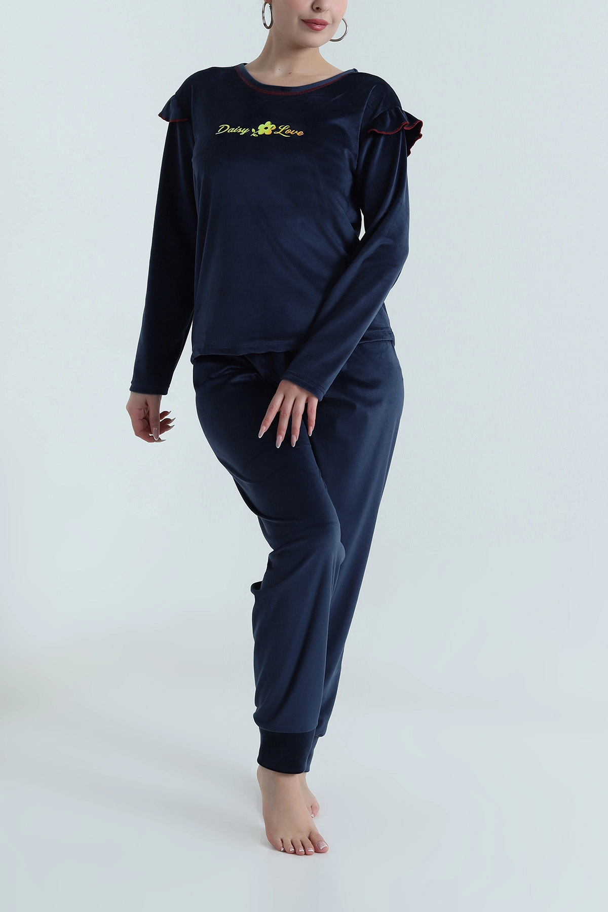 Lacivert Uzun Kollu Kadife Kadın Pijama Takımı 487752