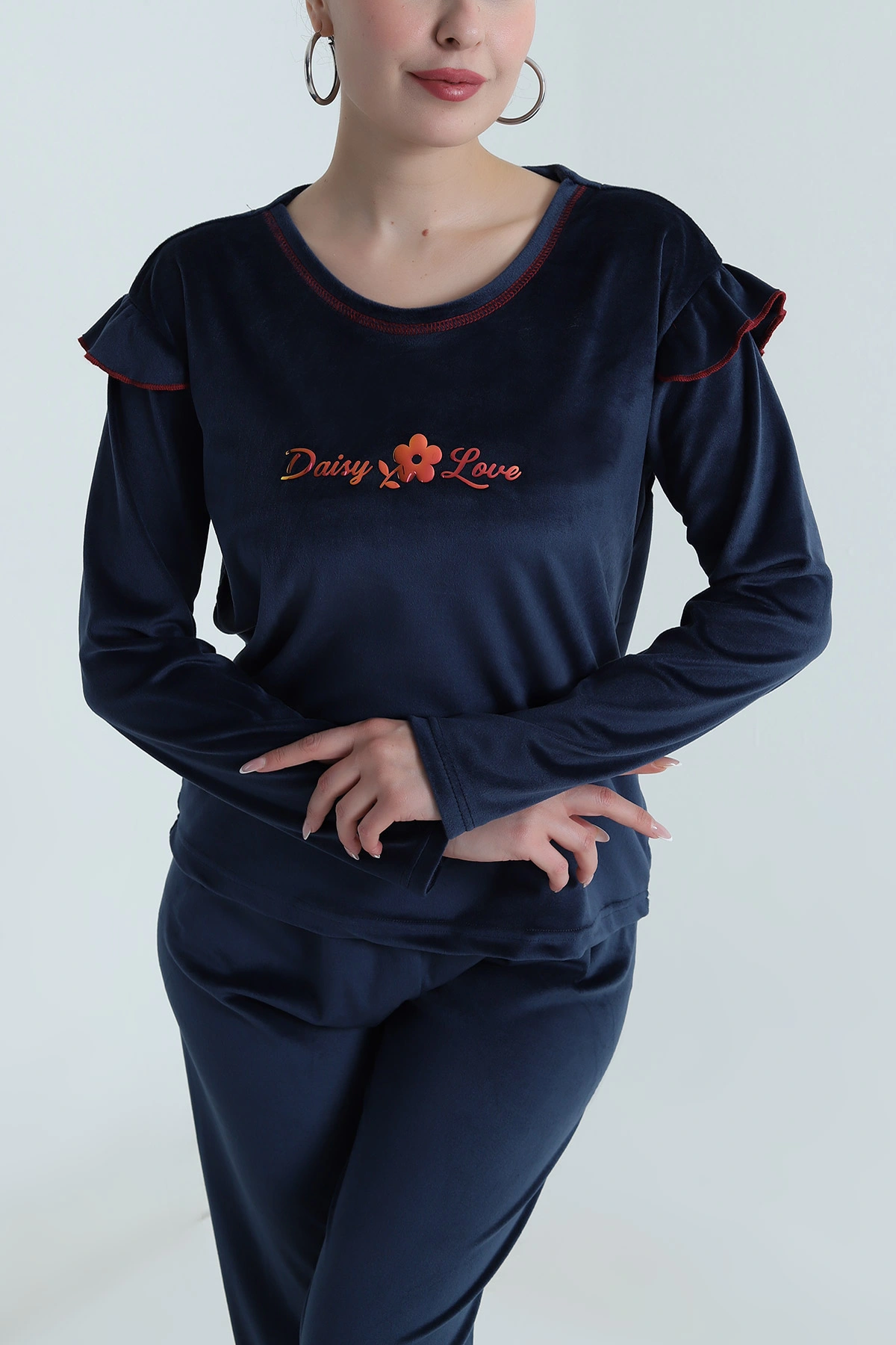 Lacivert Uzun Kollu Kadife Kadın Pijama Takımı 487752