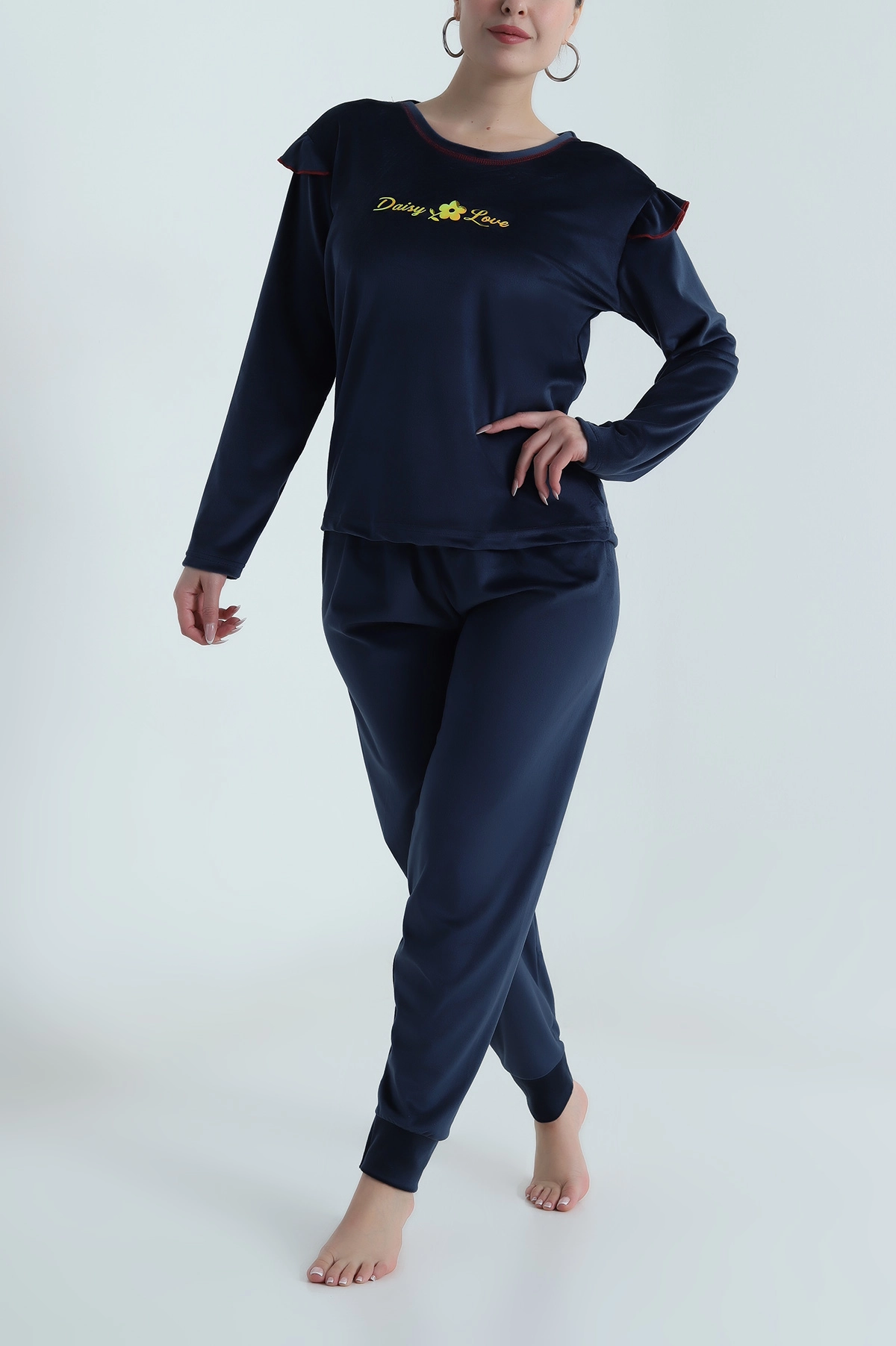Lacivert Uzun Kollu Kadife Kadın Pijama Takımı 487752
