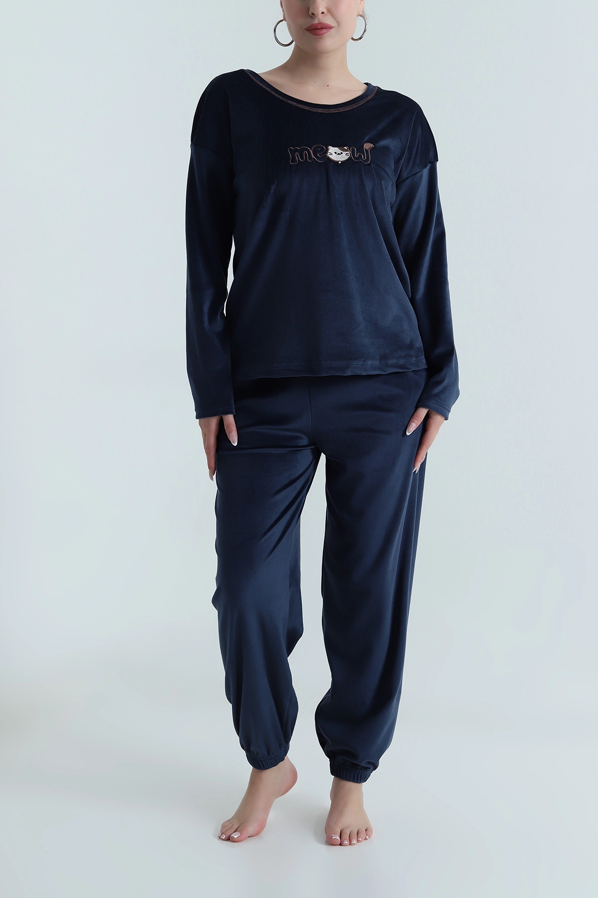 Lacivert Uzun Kollu Kadife Kadın Pijama Takımı 487756