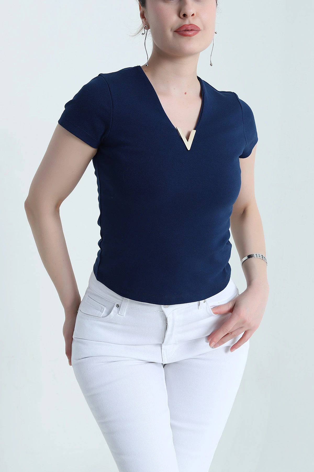 Lacivert V Yaka Kadın Bluz 454945