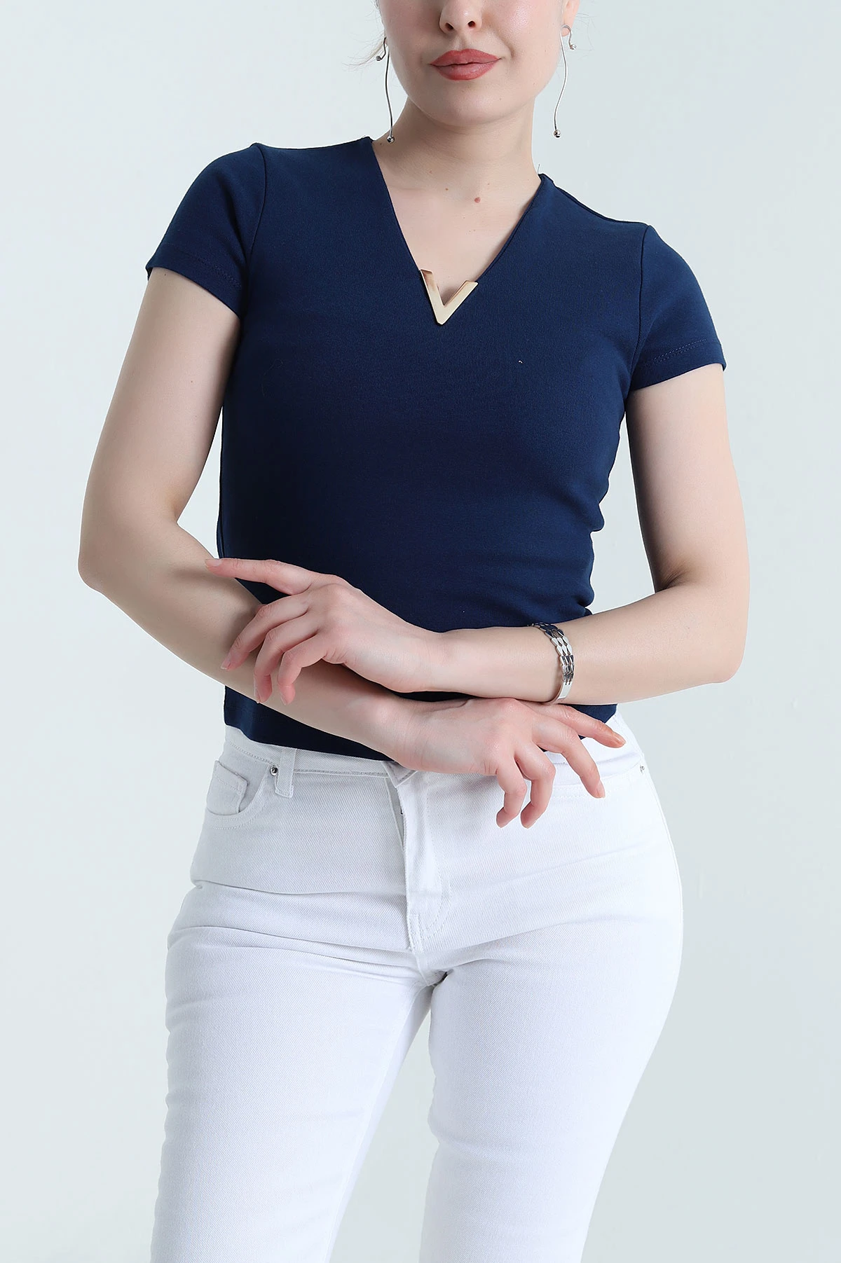 Lacivert V Yaka Kadın Bluz 454945