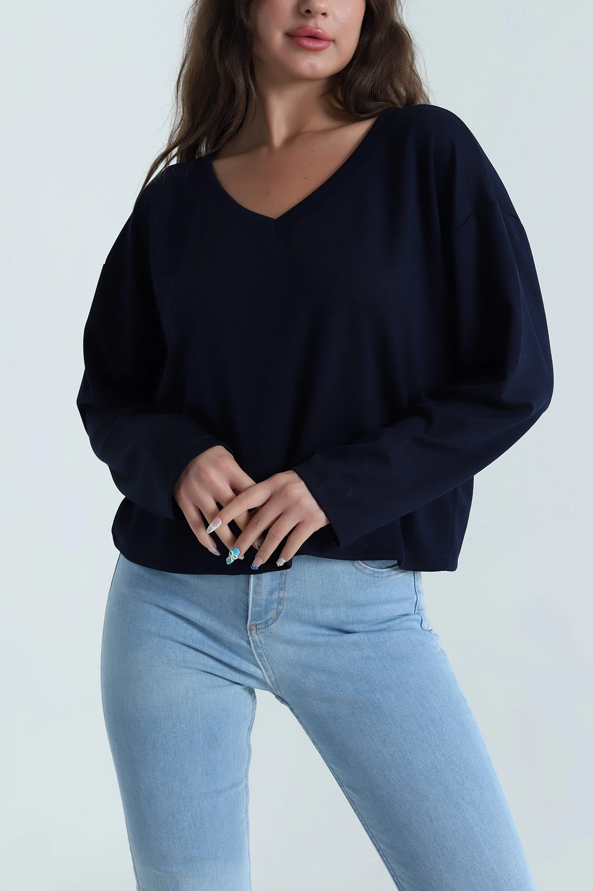 Lacivert V Yaka Modal Kadın Bluz 483079