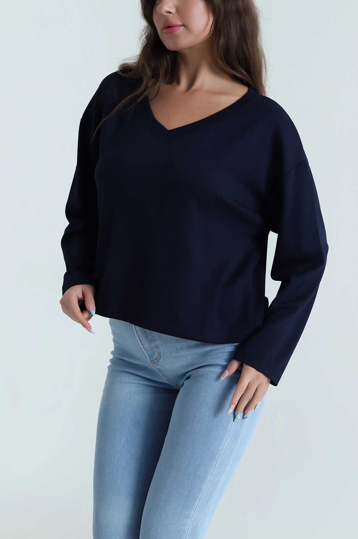 Lacivert V Yaka Modal Kadın Bluz 483079