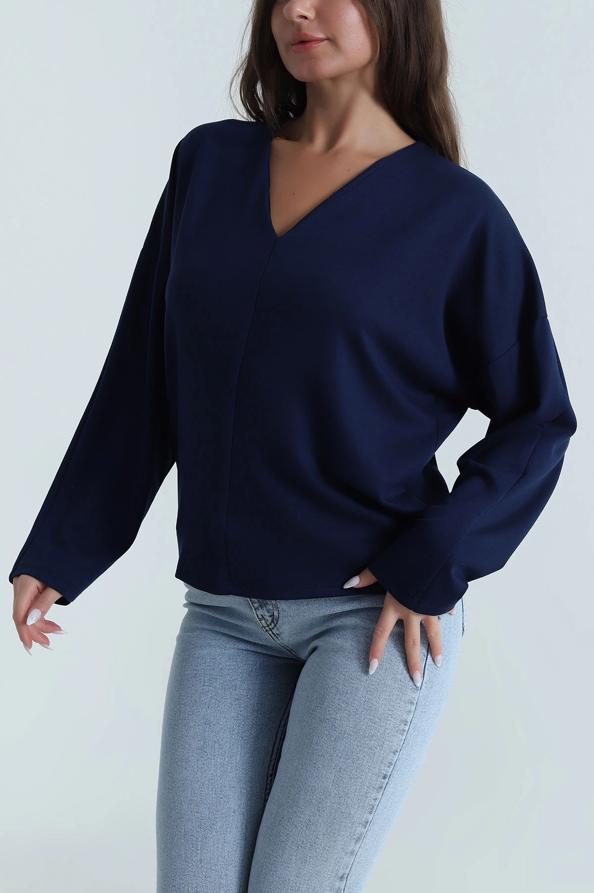 Lacivert V Yaka Oysho Kadın Bluz 485753