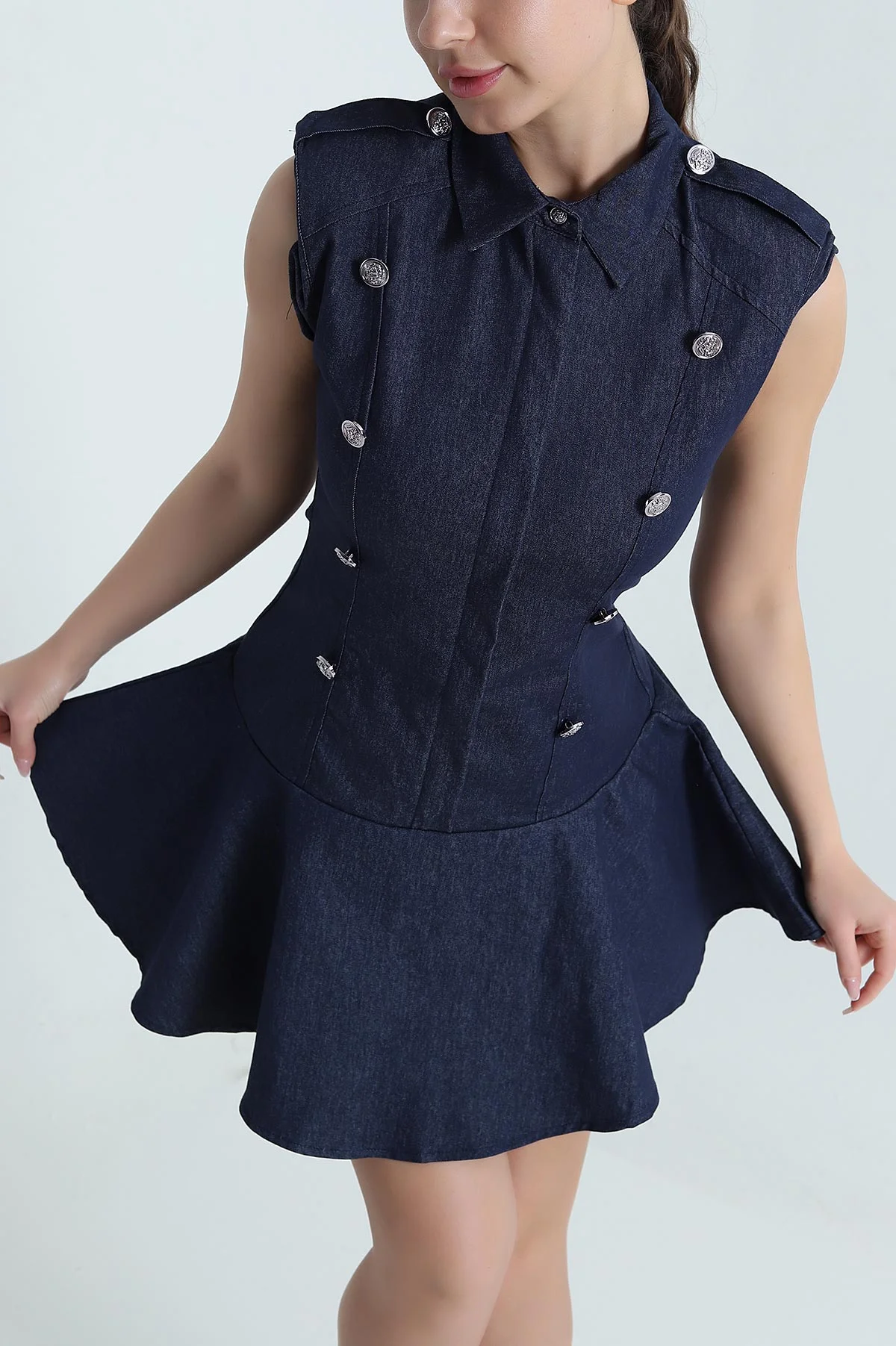 Lacivert Vatkalı Düğmeli Denim Kadın Elbise 462040