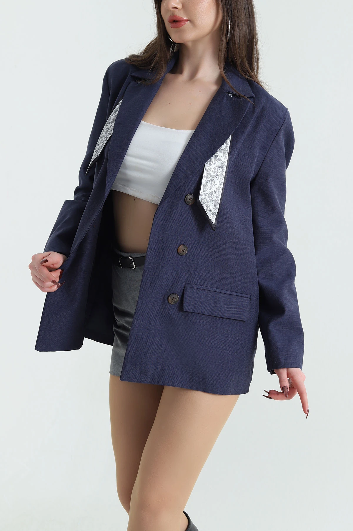 Lacivert Vatkalı Keten Blazer Kadın Ceket 435721