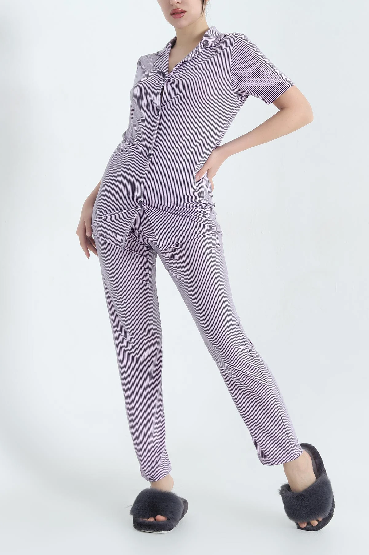 Lacivert Viskon Düğmeli Kadın Pijama Takımı 341727