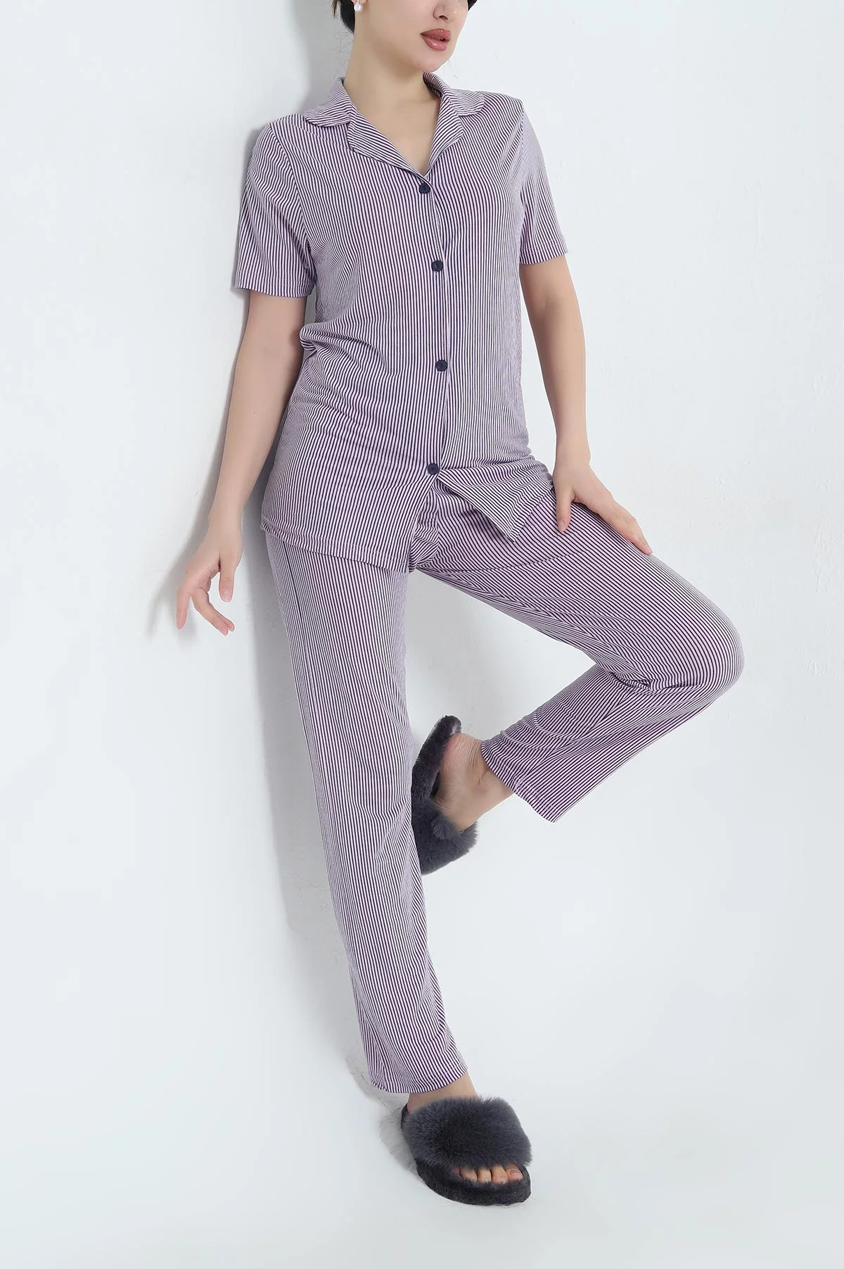 Lacivert Viskon Düğmeli Kadın Pijama Takımı 341727
