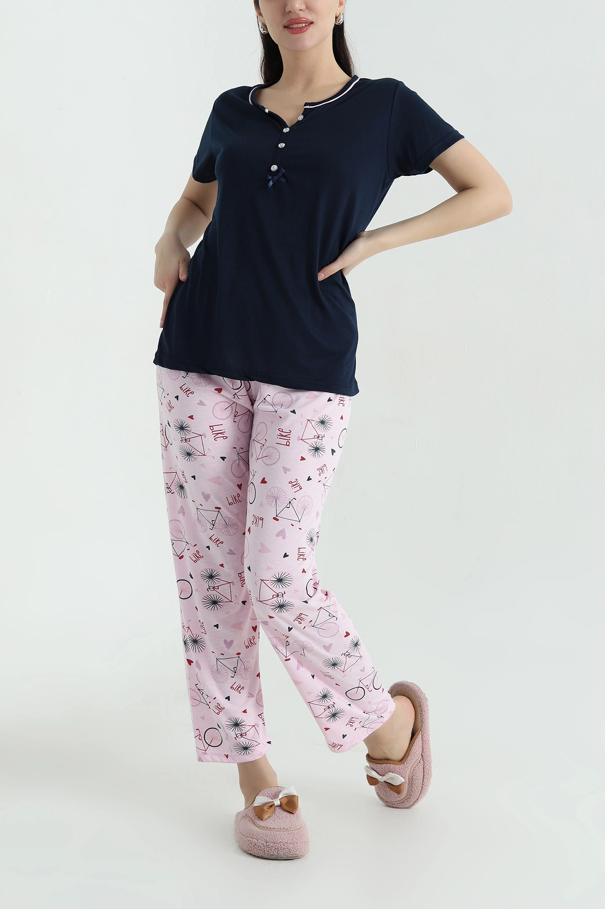 Lacivert Viskon Düğmeli Kadın Pijama Takımı 347398