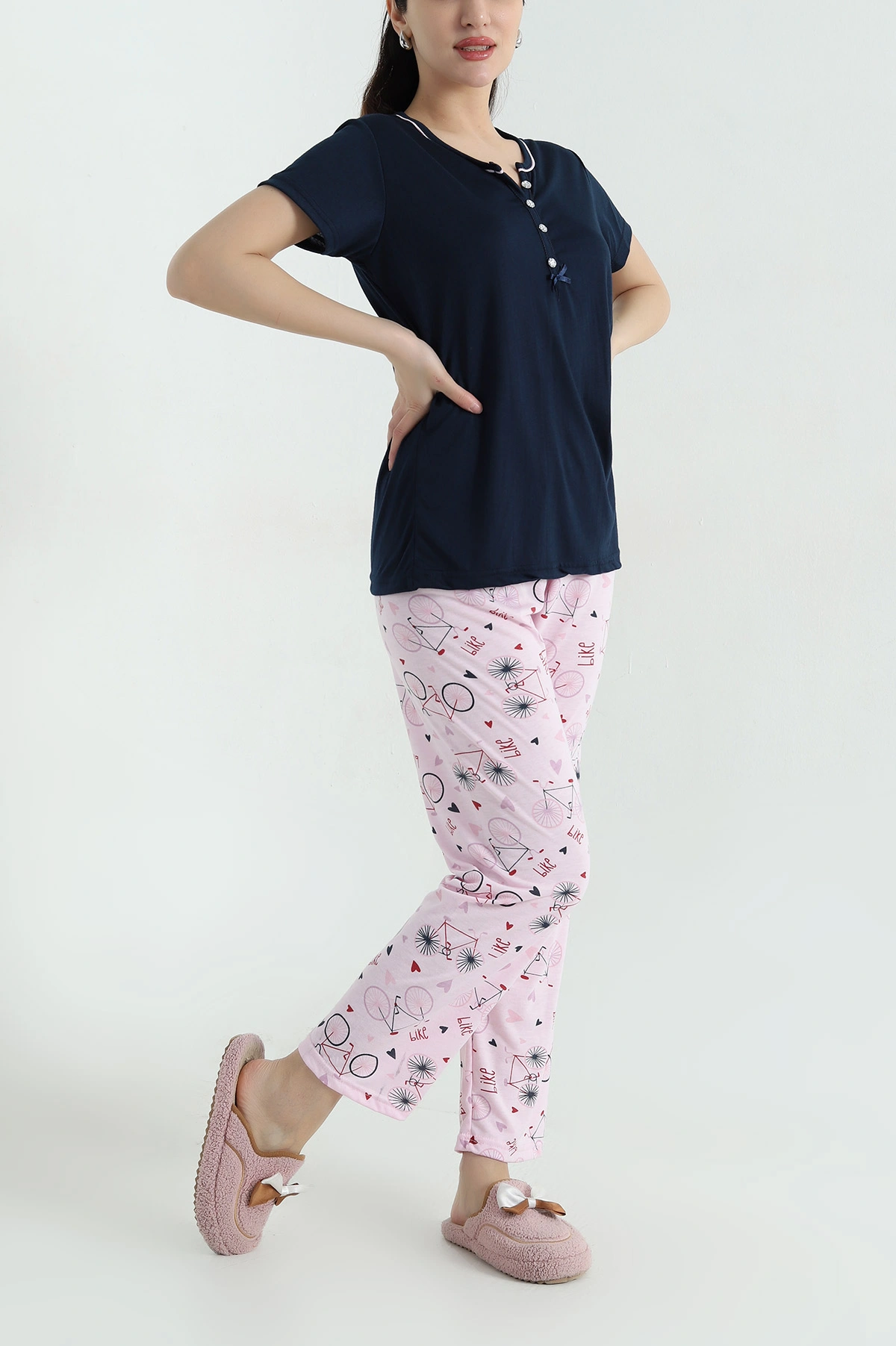 Lacivert Viskon Düğmeli Kadın Pijama Takımı 347398