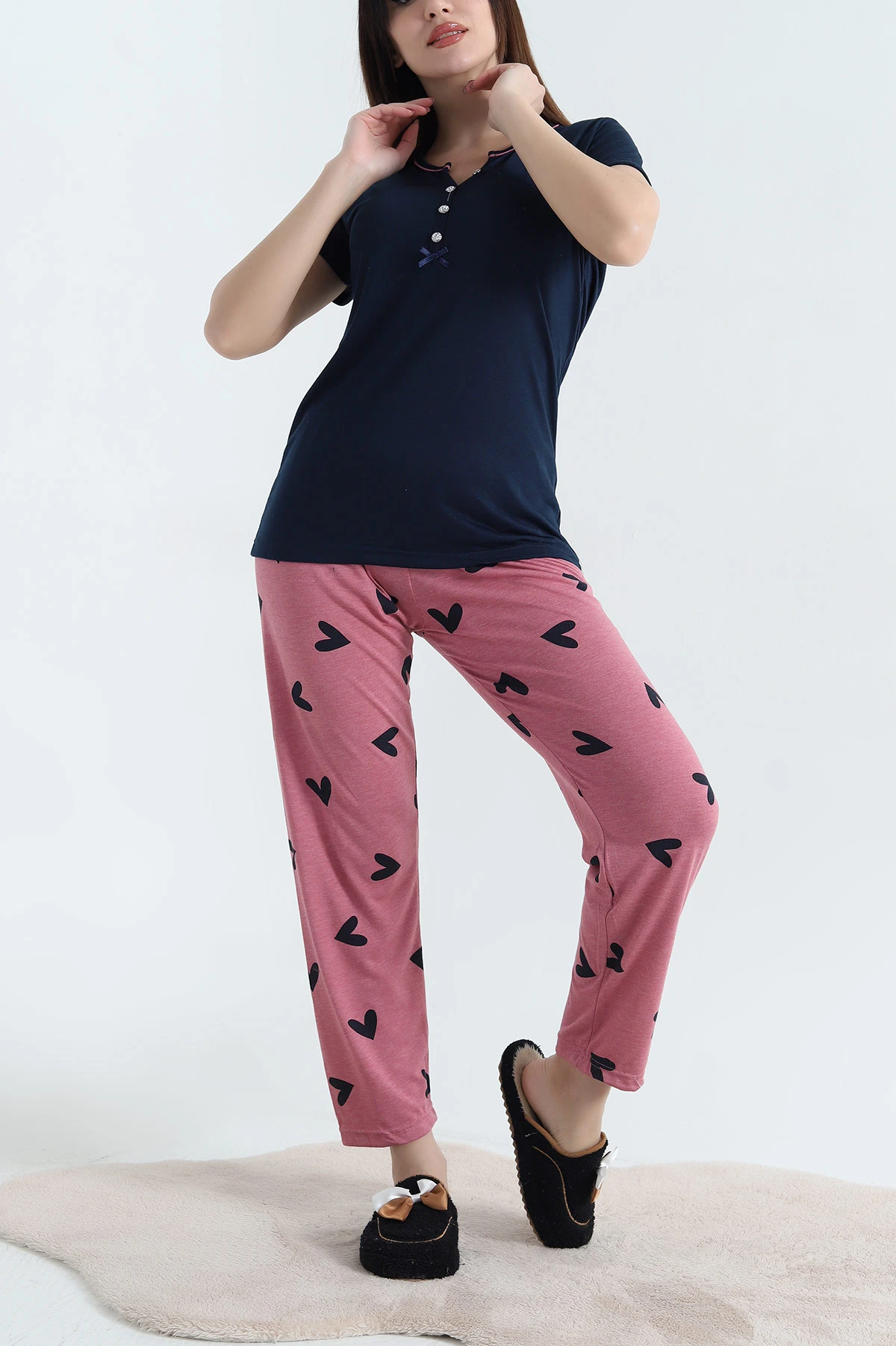 Lacivert Viskon Kısa Kol Bayan Pijama Takımı 338231