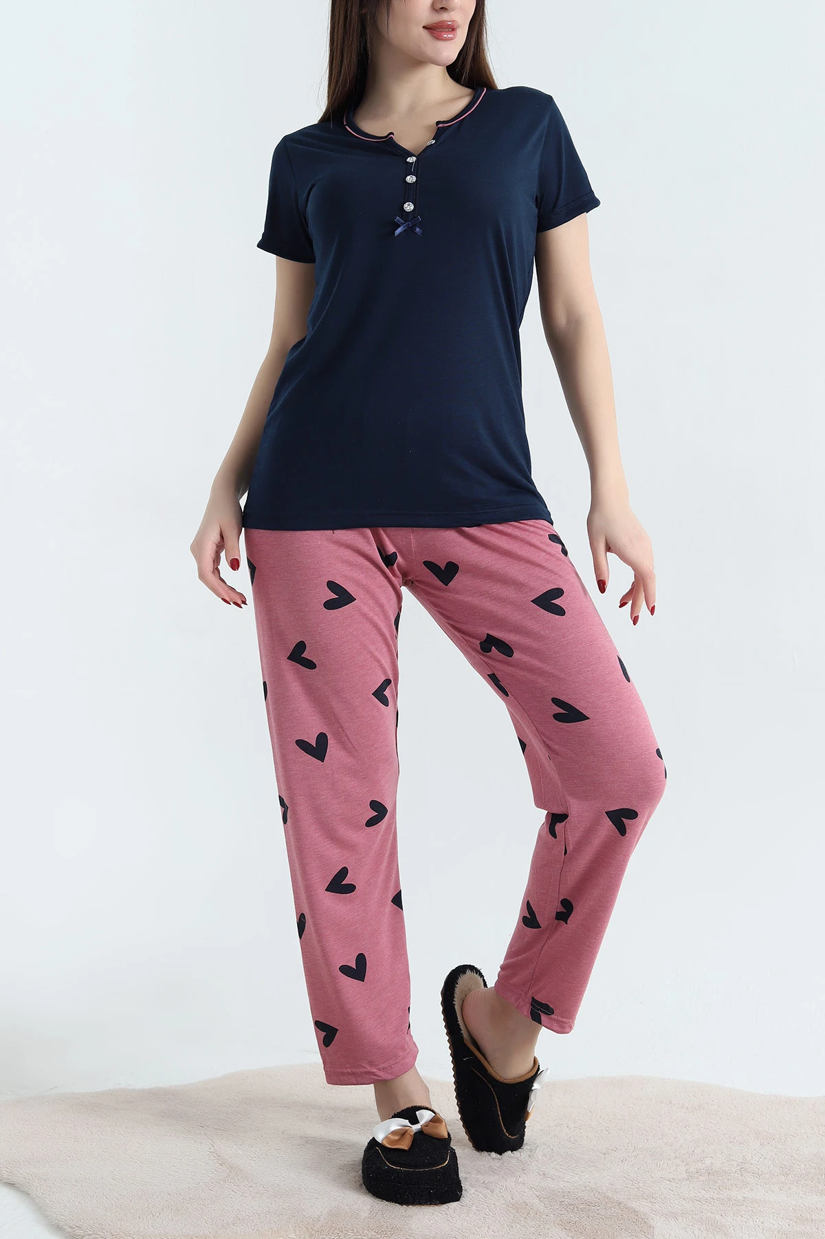 Lacivert Viskon Kısa Kol Bayan Pijama Takımı 338231