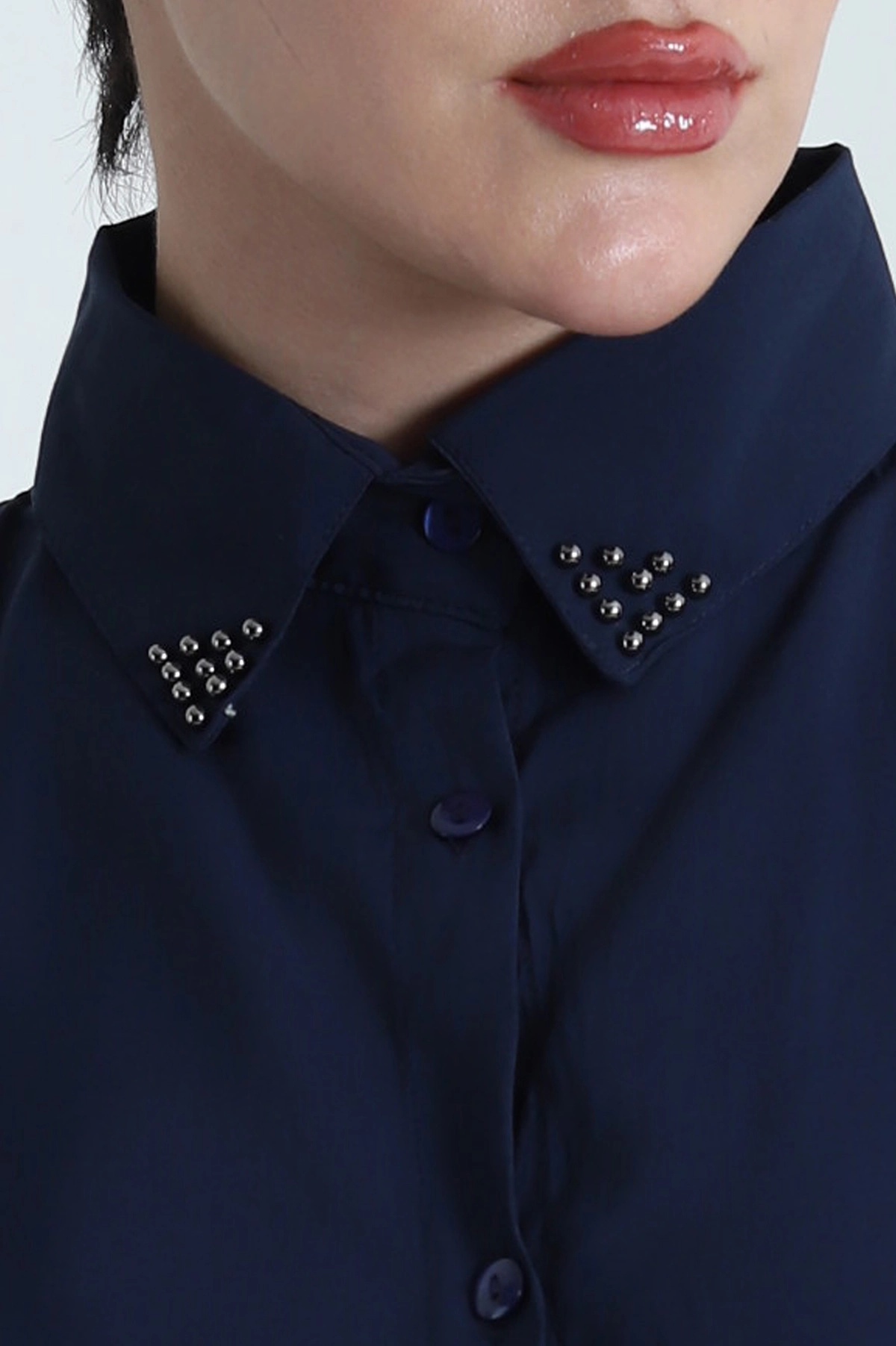 Lacivert Yaka İncili Tencel Kadın İkili Takım 475223