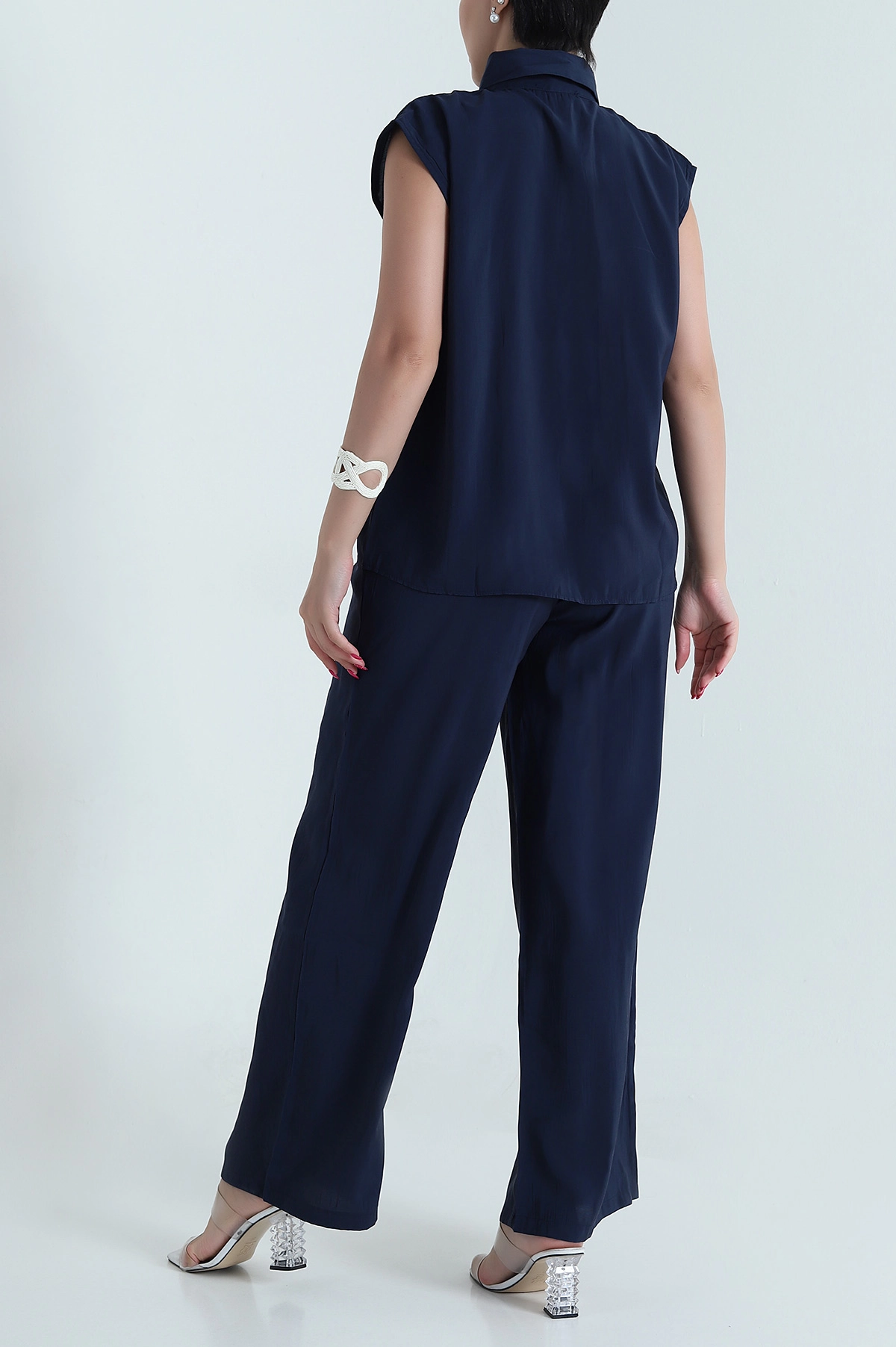 Lacivert Yaka İncili Tencel Kadın İkili Takım 475223