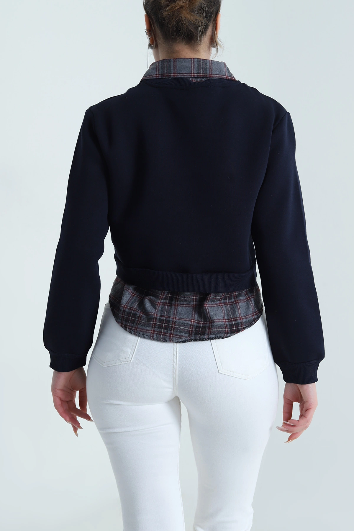 Lacivert Yakası Çıkma Ekose Garnili Kadın Şardonlu Sweat 492757
