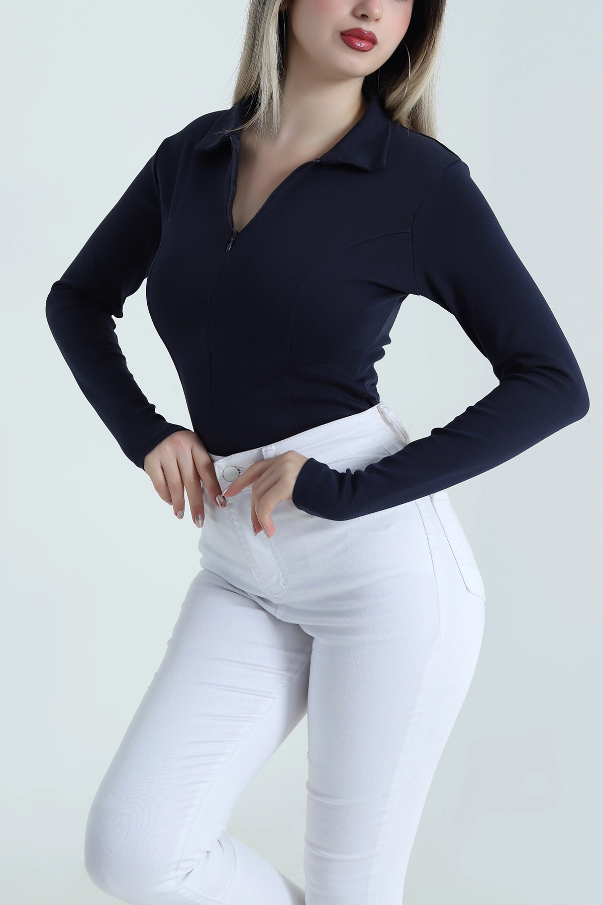Lacivert Yakası Fermuarlı Kadın Body Bluz 489992