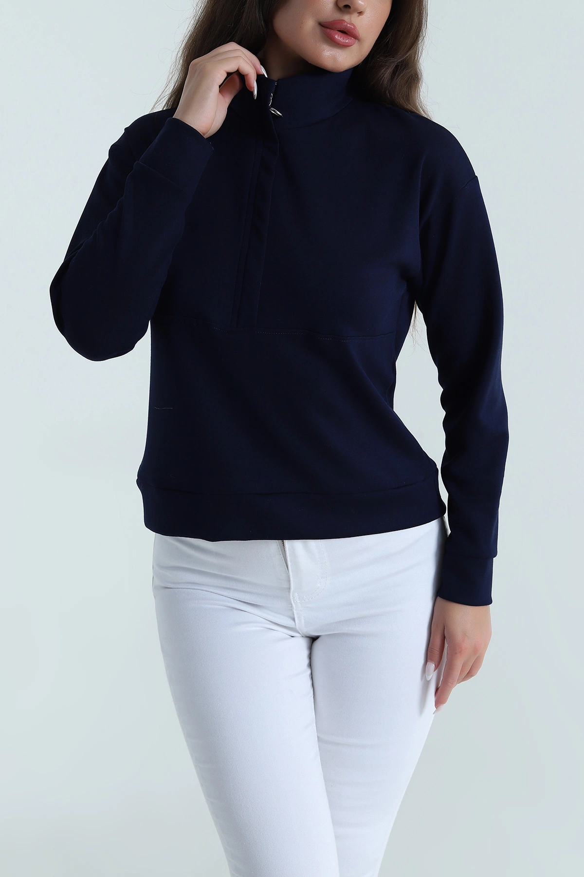 Lacivert Yakası Fermuarlı Modal Kadın Sweat 488255