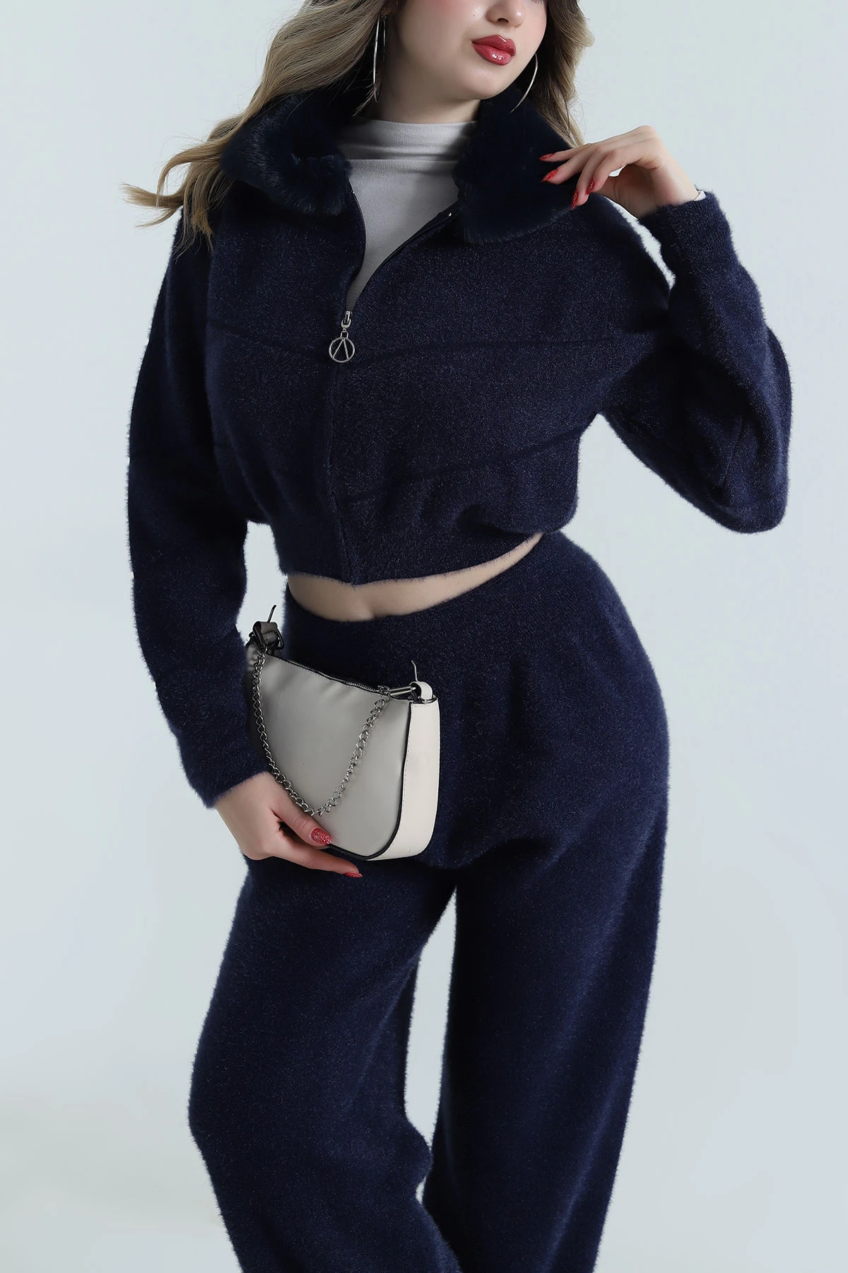 Lacivert Yakası Kürklü Sakallı Triko Kadın İkili Takım 500361