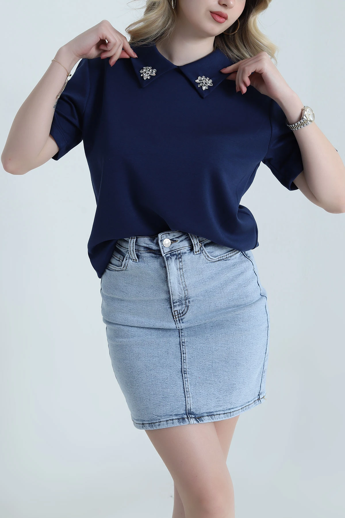 Lacivert Yakası Taşlı Oysho Kadın Bluz 458853